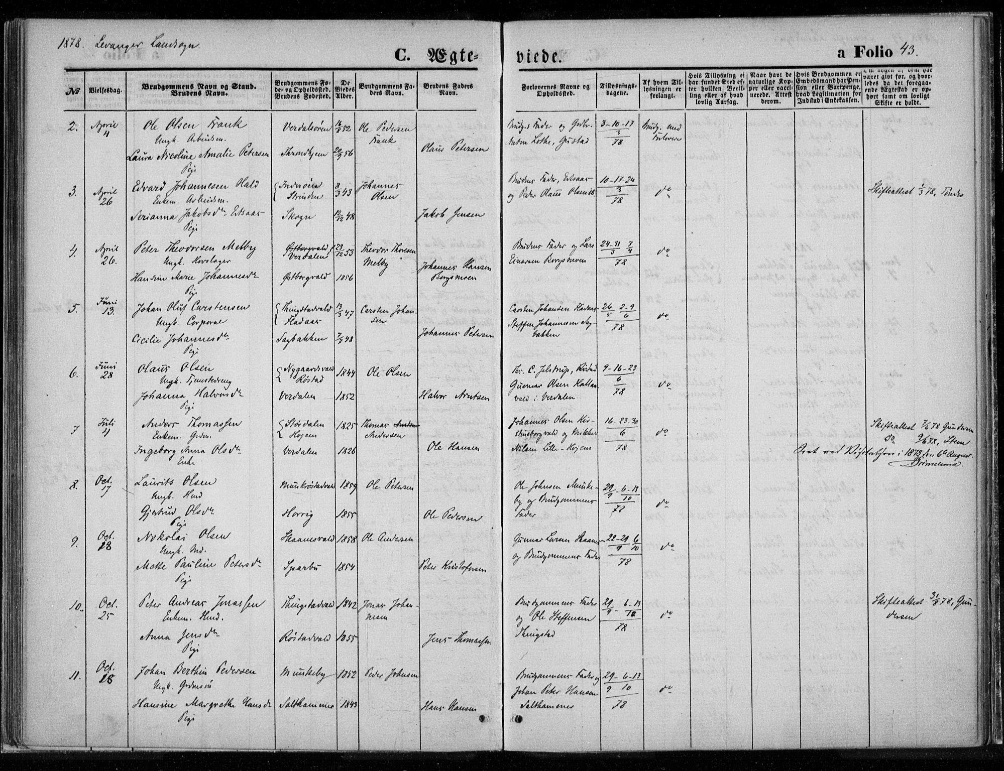 Ministerialprotokoller, klokkerbøker og fødselsregistre - Nord-Trøndelag, AV/SAT-A-1458/720/L0187: Ministerialbok nr. 720A04 /2, 1875-1879, s. 43