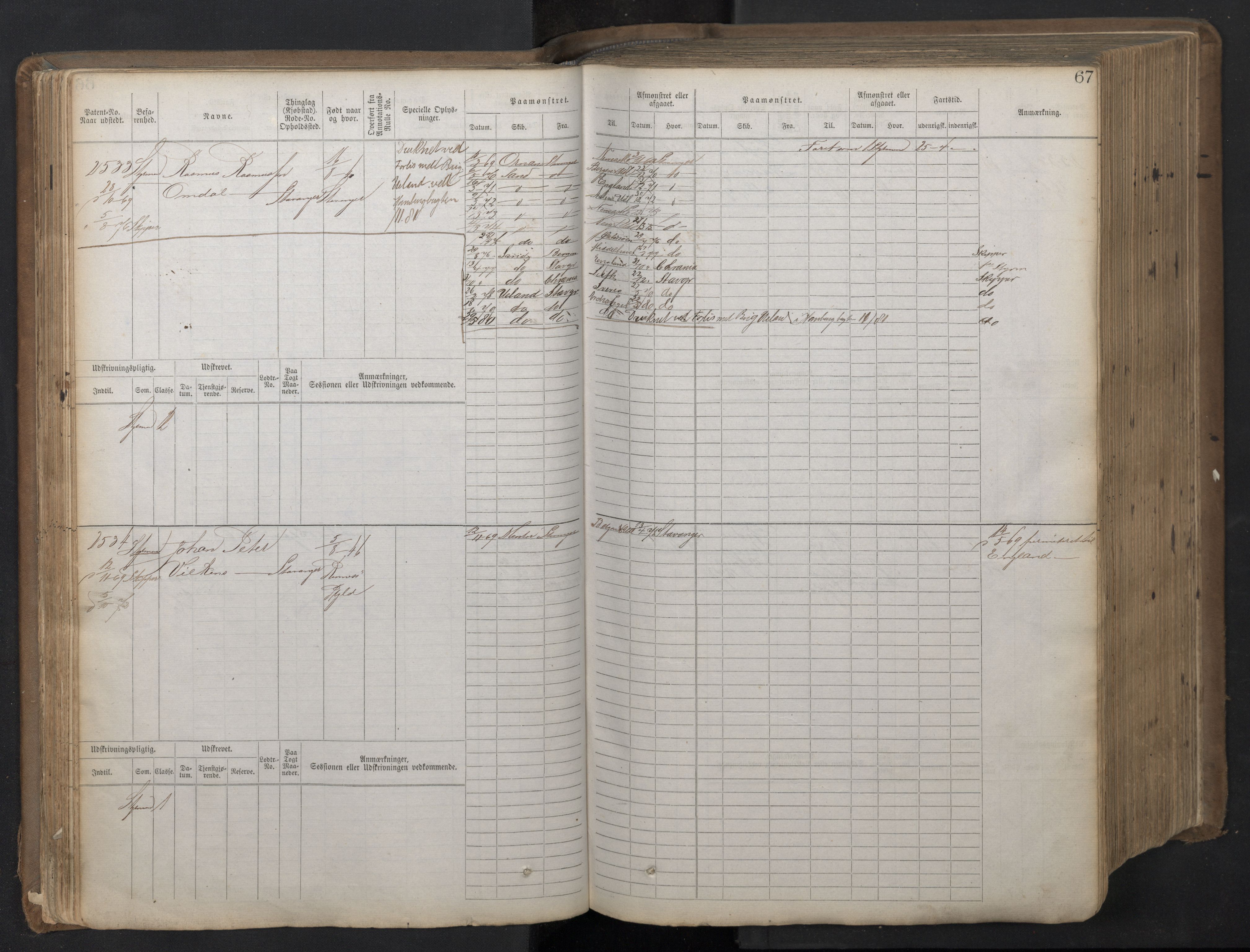 Stavanger sjømannskontor, AV/SAST-A-102006/F/Fb/Fbb/L0018: Sjøfartshovedrulle patnentnr. 2402-3602 (dublett), 1869, s. 70