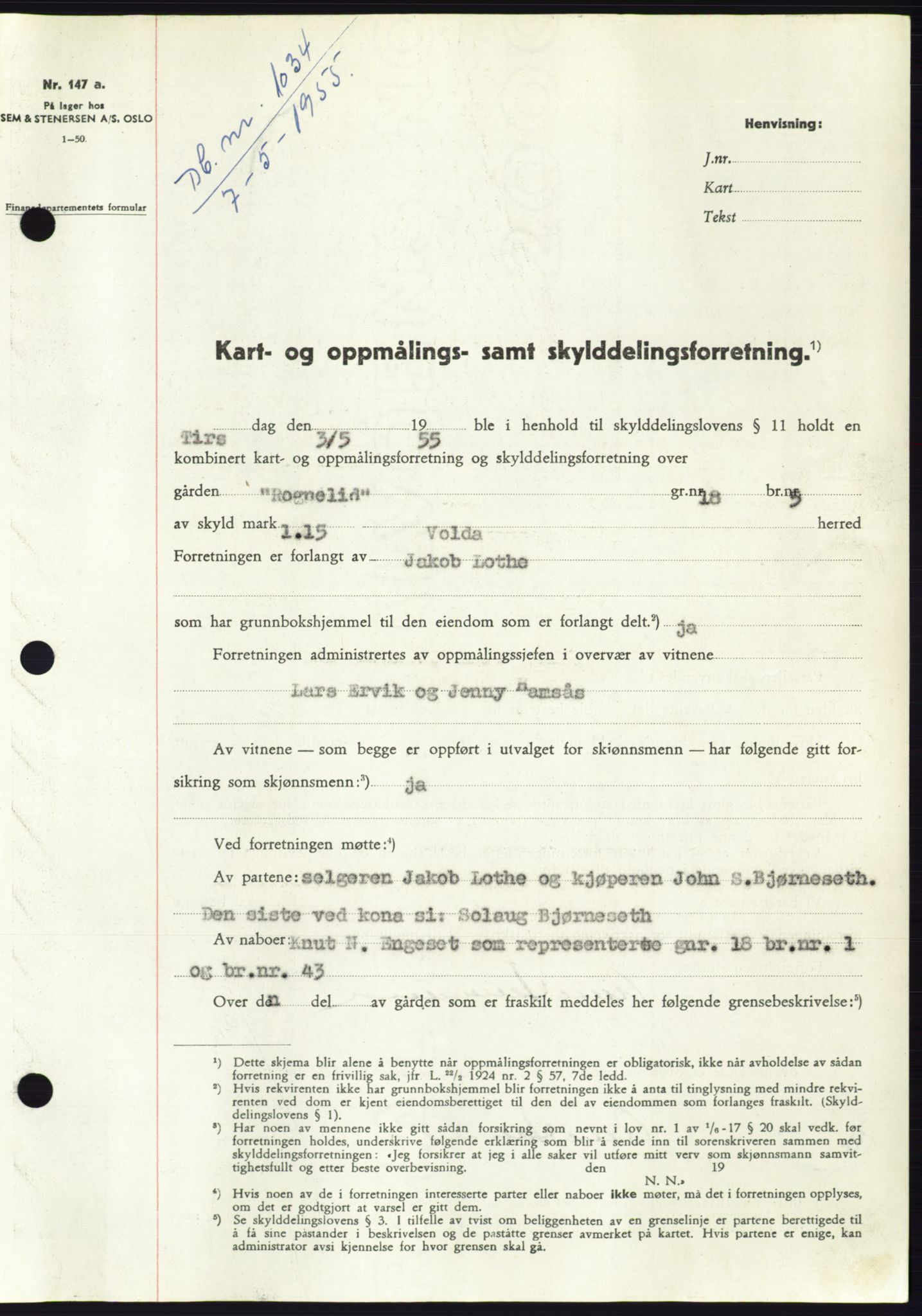 Søre Sunnmøre sorenskriveri, SAT/A-4122/1/2/2C/L0100: Pantebok nr. 26A, 1954-1955, Dagboknr: 1034/1955