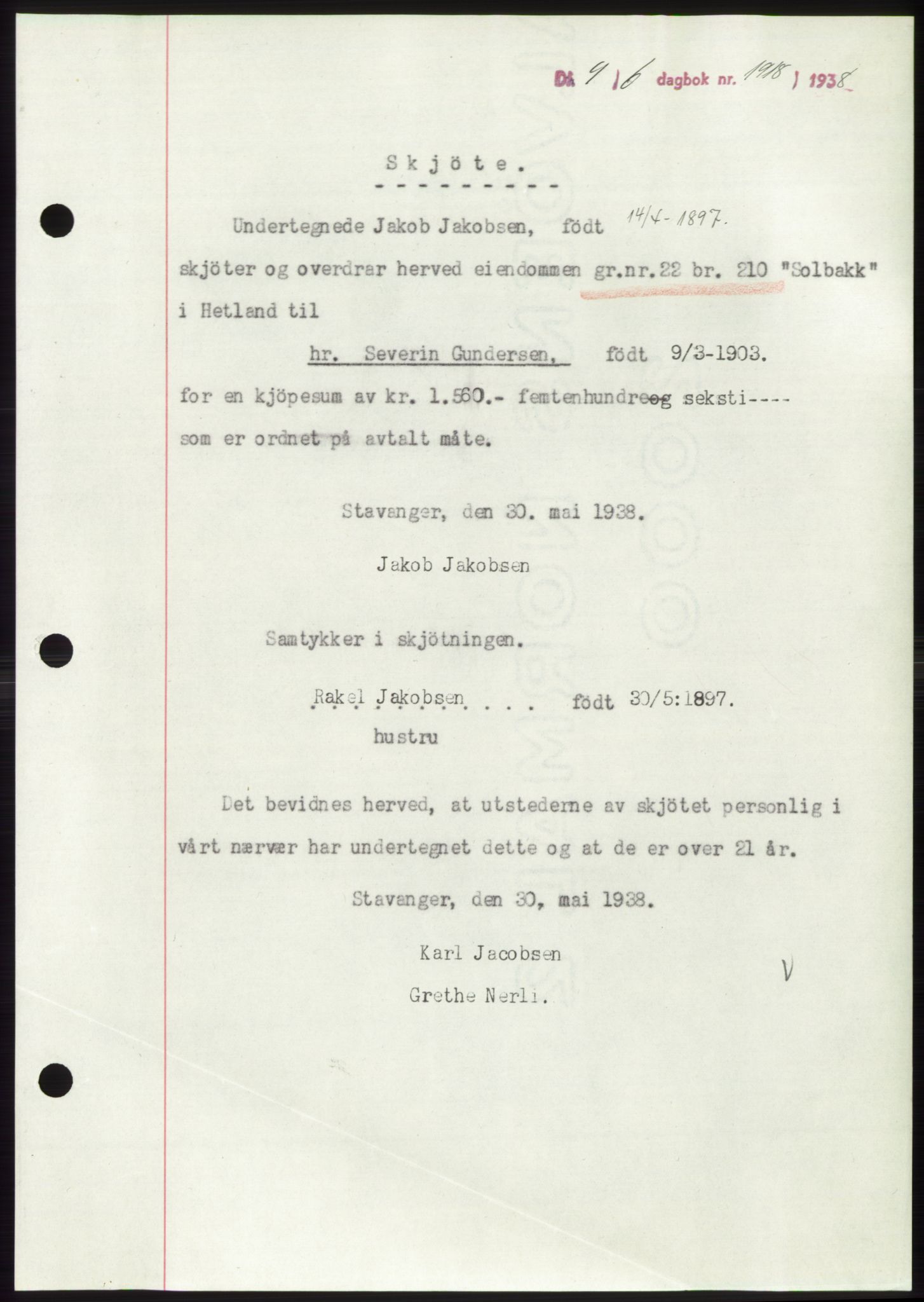 Jæren sorenskriveri, SAST/A-100310/03/G/Gba/L0071: Pantebok, 1938-1938, Dagboknr: 1918/1938