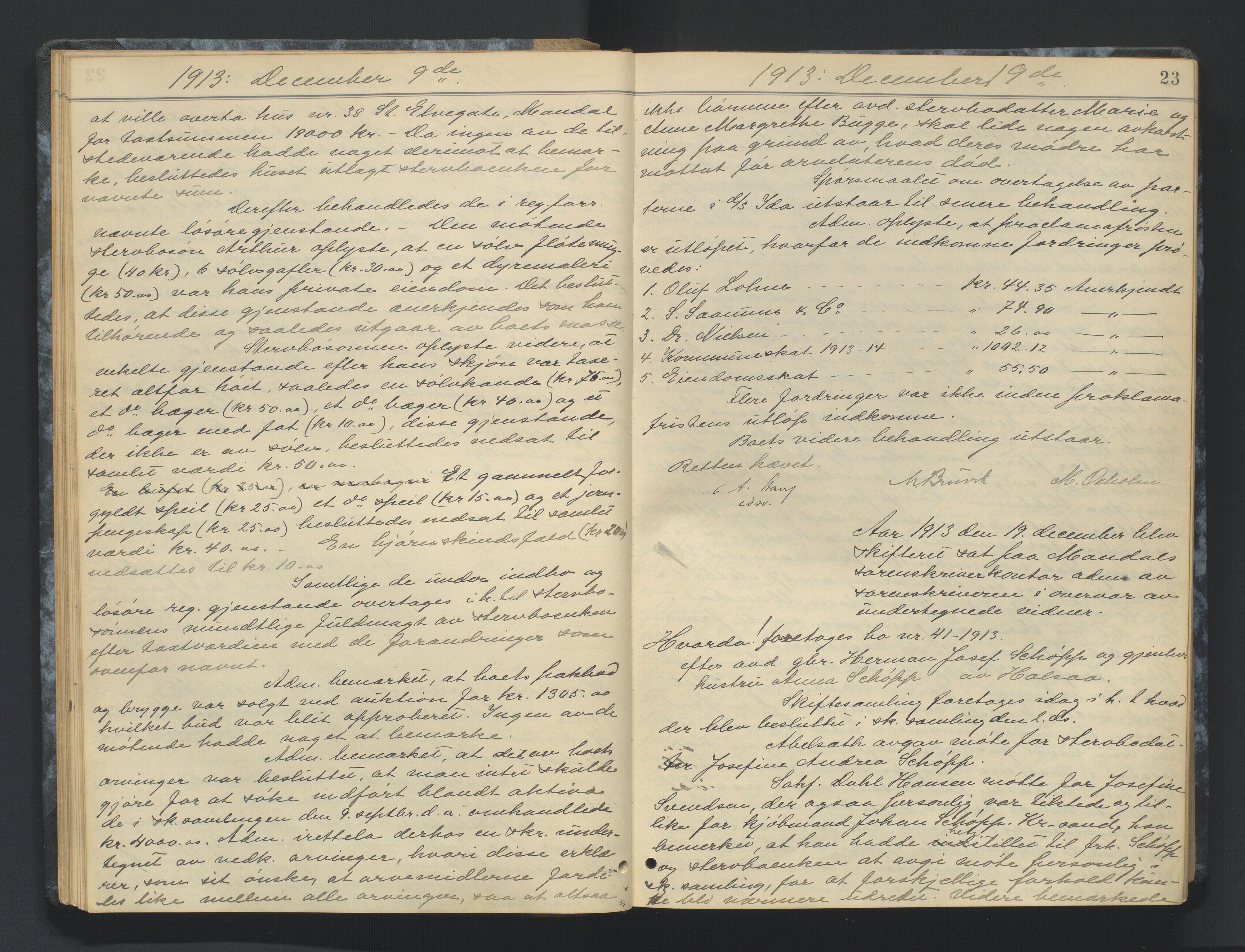 Mandal sorenskriveri, AV/SAK-1221-0005/001/H/Hc/L0082: Skifteforhandlingsprotokoll nr 14, 1913-1917, s. 23