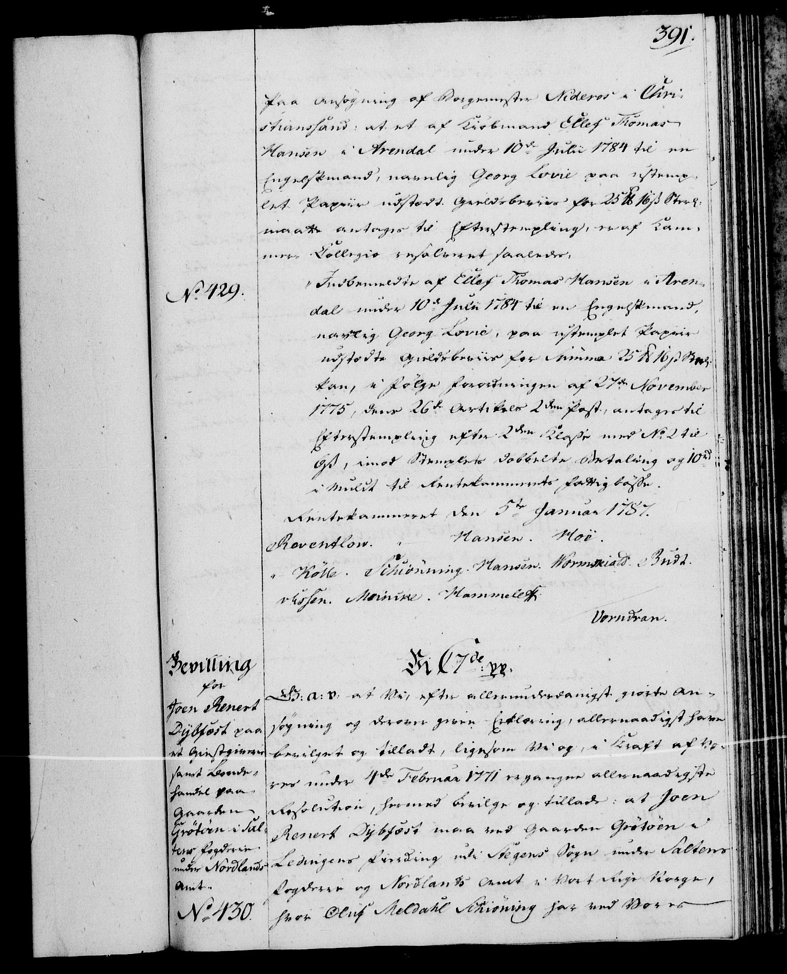 Rentekammeret, Kammerkanselliet, RA/EA-3111/G/Gg/Gga/L0013: Norsk ekspedisjonsprotokoll med register (merket RK 53.13), 1784-1787, s. 391
