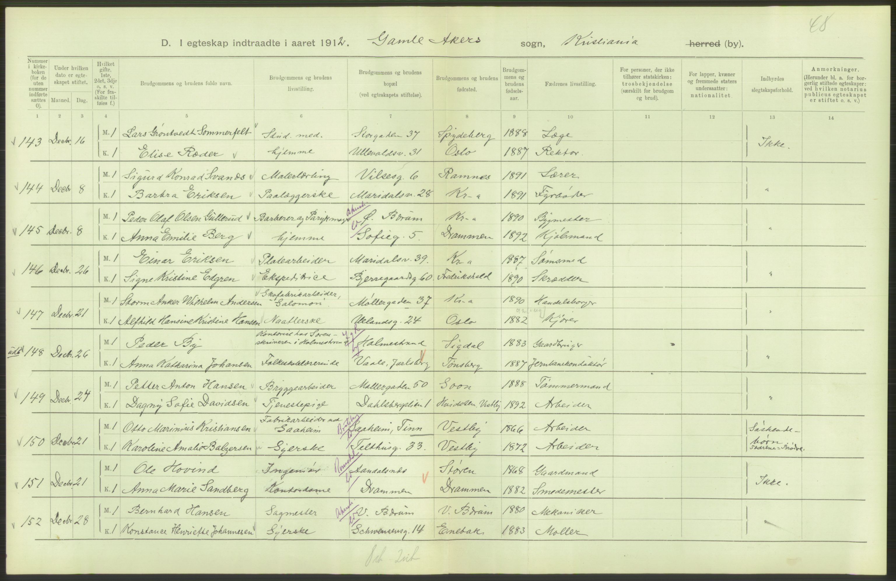 Statistisk sentralbyrå, Sosiodemografiske emner, Befolkning, RA/S-2228/D/Df/Dfb/Dfbb/L0008: Kristiania: Gifte, 1912, s. 470