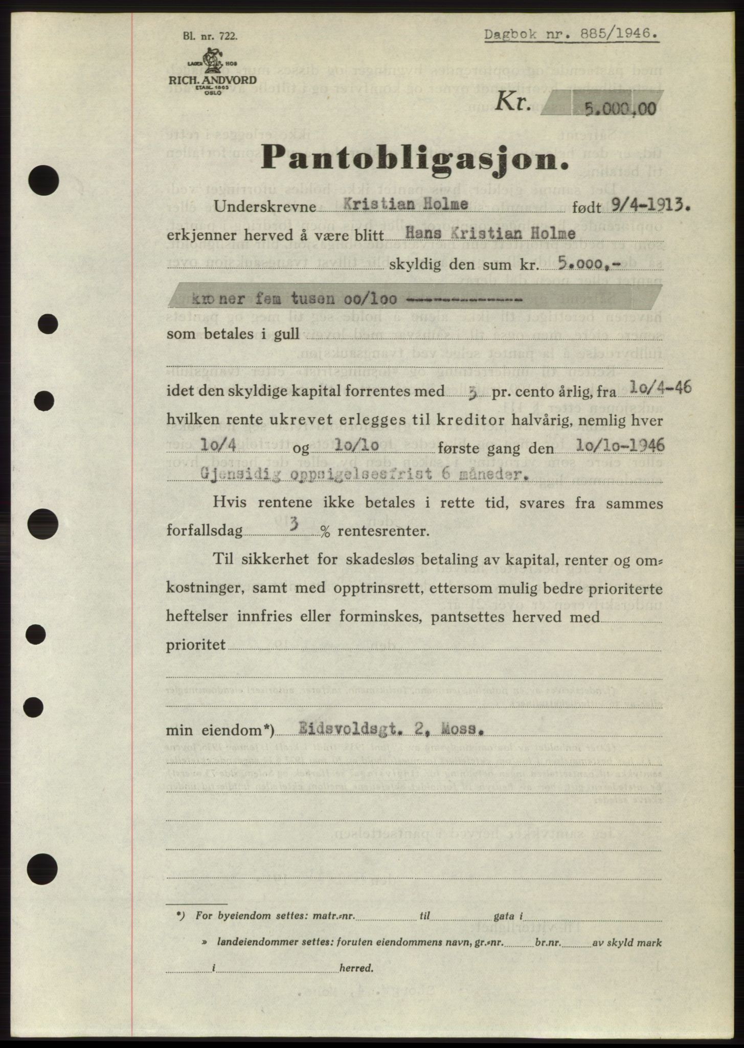 Moss sorenskriveri, SAO/A-10168: Pantebok nr. B15, 1946-1946, Dagboknr: 885/1946