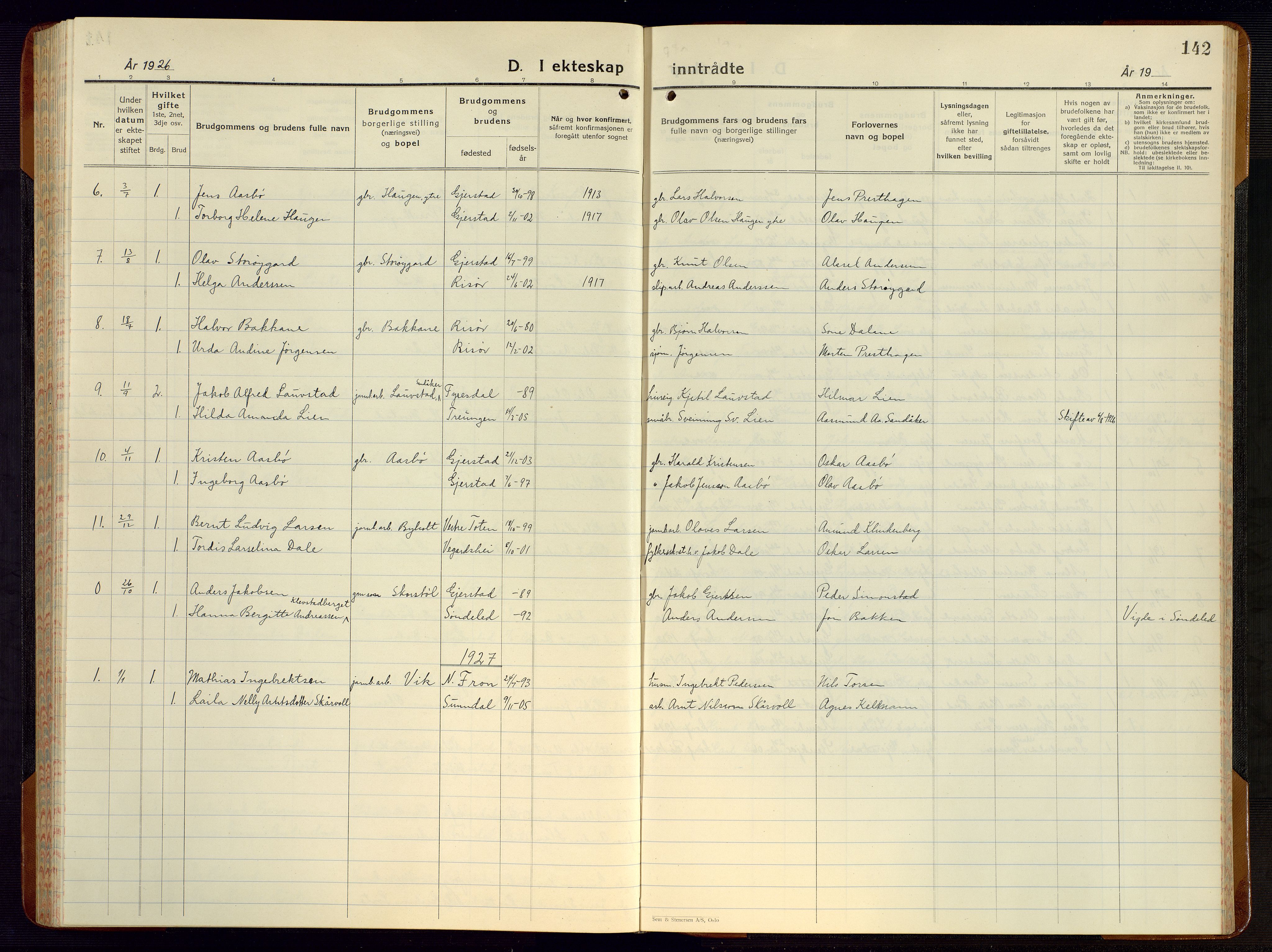 Gjerstad sokneprestkontor, AV/SAK-1111-0014/F/Fb/Fba/L0009: Klokkerbok nr. B 9, 1925-1946, s. 142