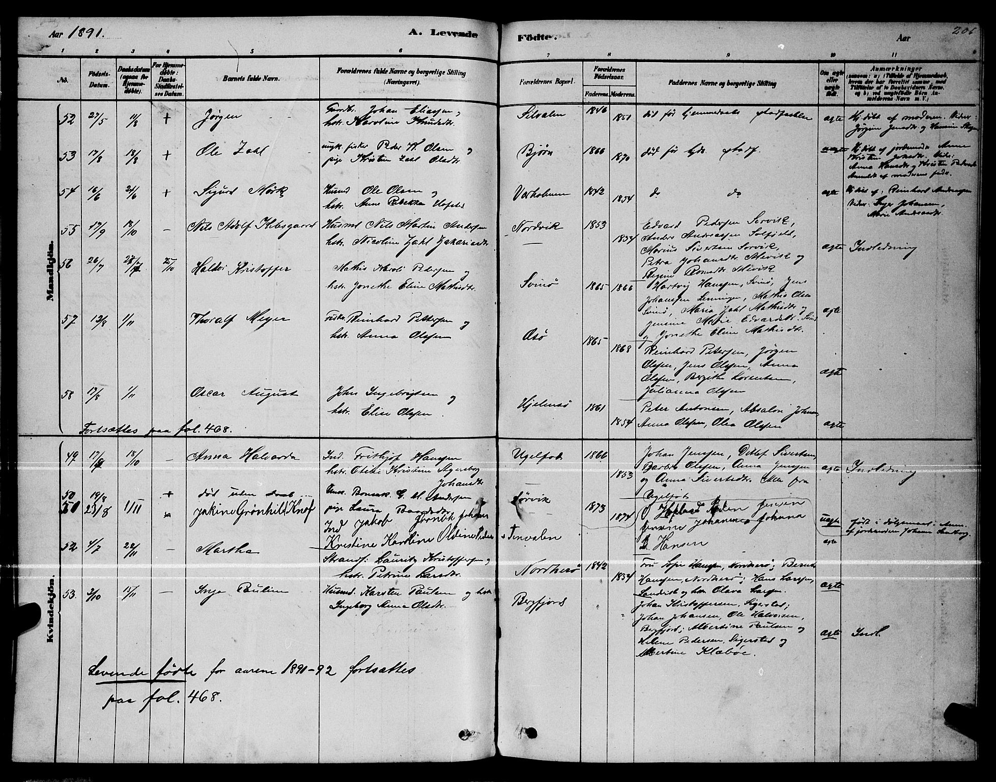 Ministerialprotokoller, klokkerbøker og fødselsregistre - Nordland, AV/SAT-A-1459/834/L0513: Klokkerbok nr. 834C04, 1877-1892, s. 206