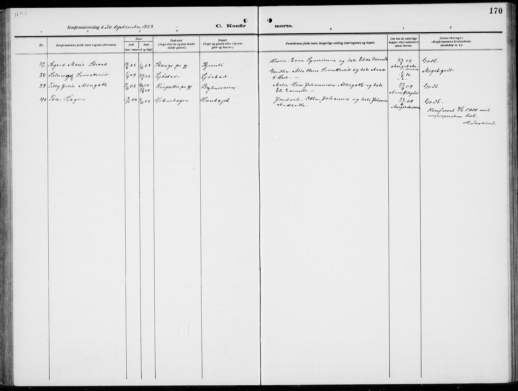 Romedal prestekontor, AV/SAH-PREST-004/L/L0014: Klokkerbok nr. 14, 1915-1939, s. 170