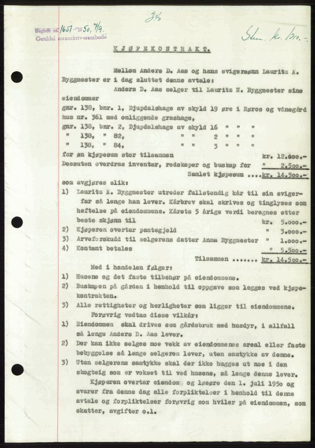 Gauldal sorenskriveri, SAT/A-0014/1/2/2C: Pantebok nr. A11, 1950-1950, Dagboknr: 1651/1950