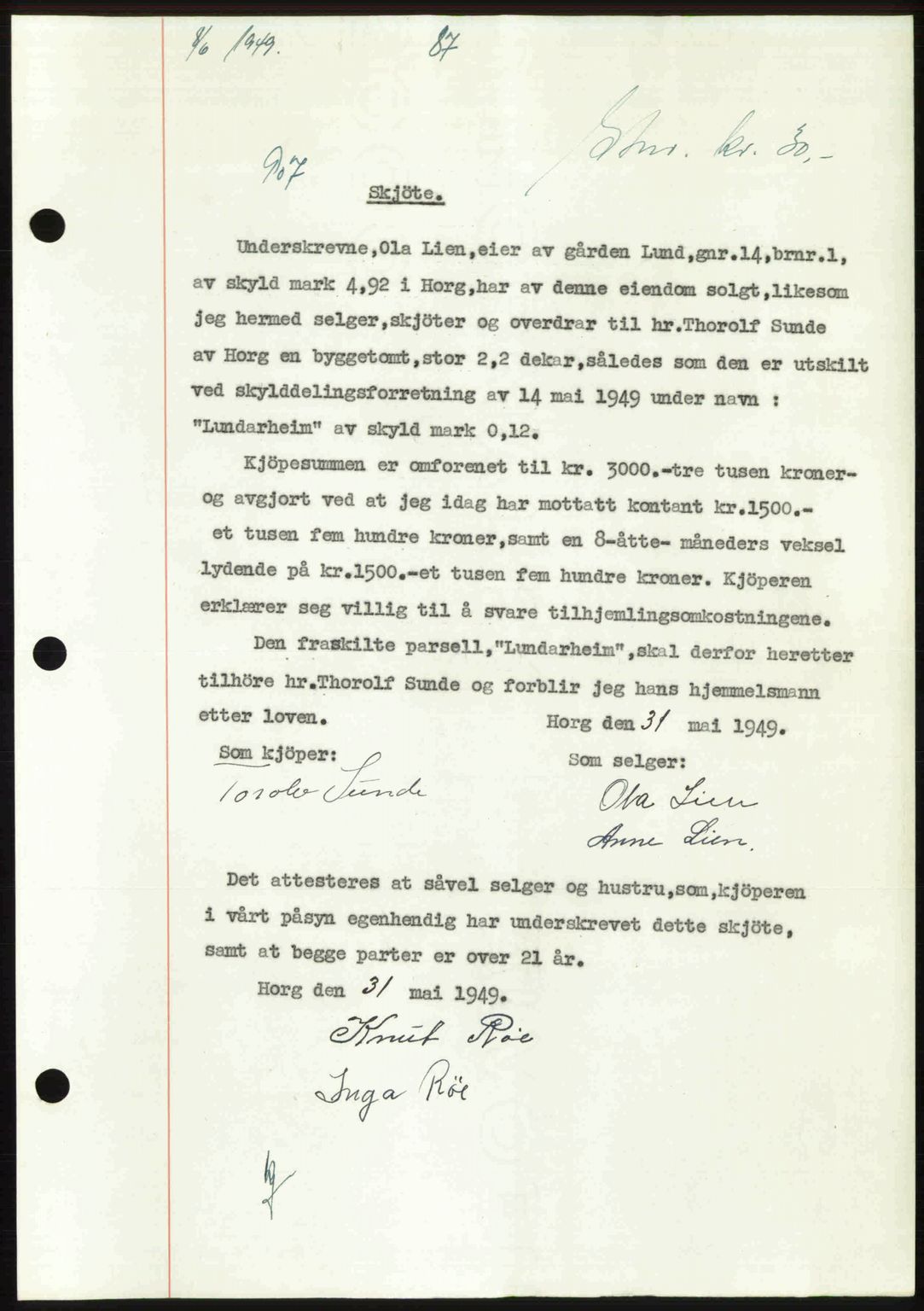 Gauldal sorenskriveri, SAT/A-0014/1/2/2C: Pantebok nr. A8, 1949-1949, Dagboknr: 907/1949