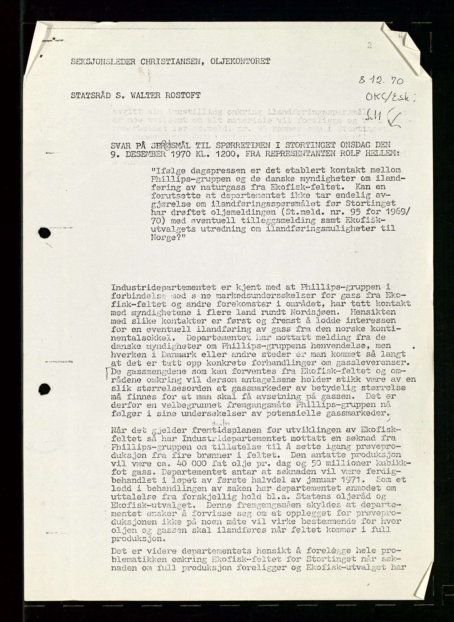 Industridepartementet, Oljekontoret, SAST/A-101348/Dc/L0003: Ekofisk prosjekt, utbygging av Ekofiskfeltet, diverse, 1970-1972