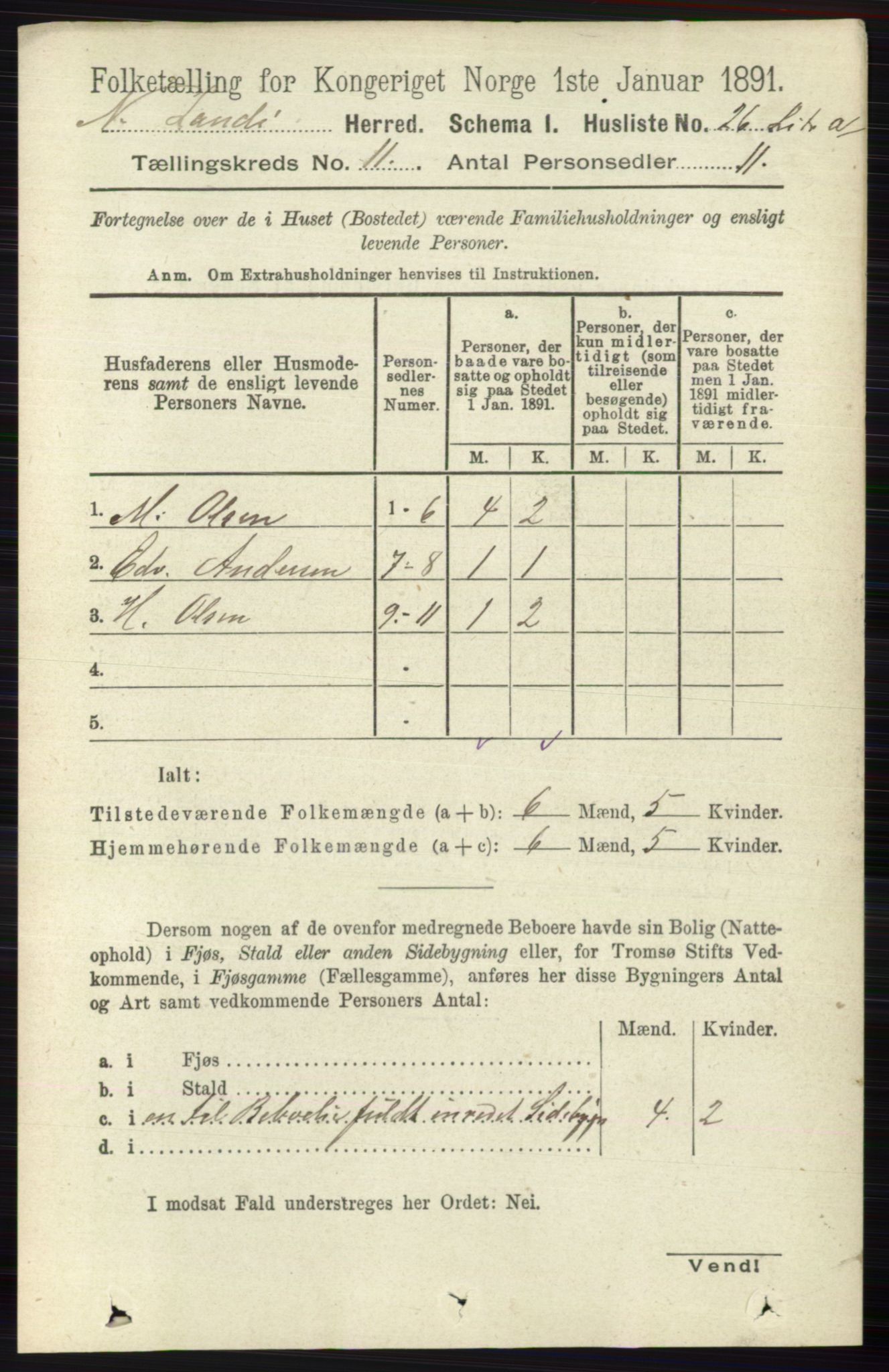 RA, Folketelling 1891 for 0538 Nordre Land herred, 1891, s. 3026