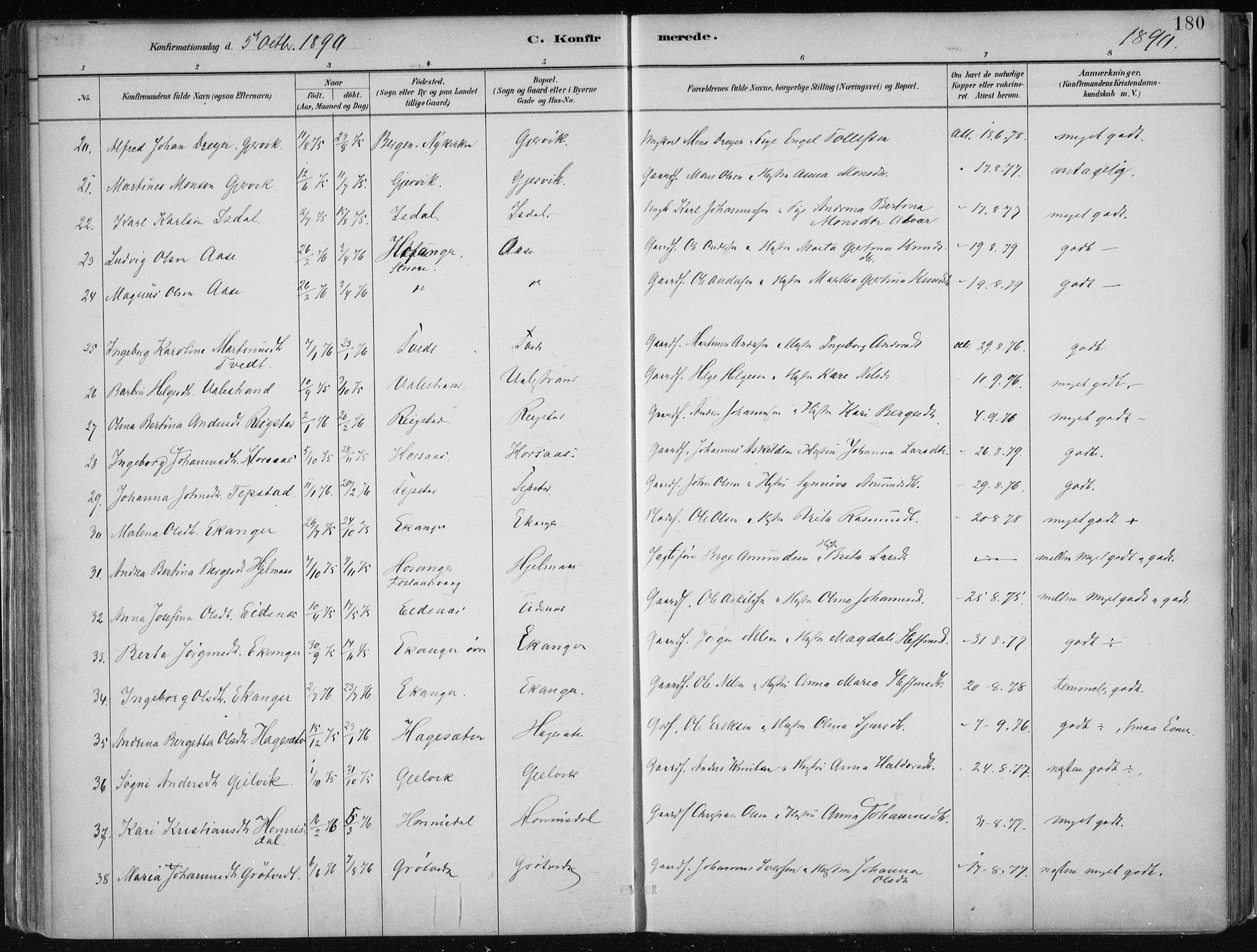 Hamre sokneprestembete, AV/SAB-A-75501/H/Ha/Haa/Haab/L0001: Ministerialbok nr. B  1, 1882-1905, s. 180
