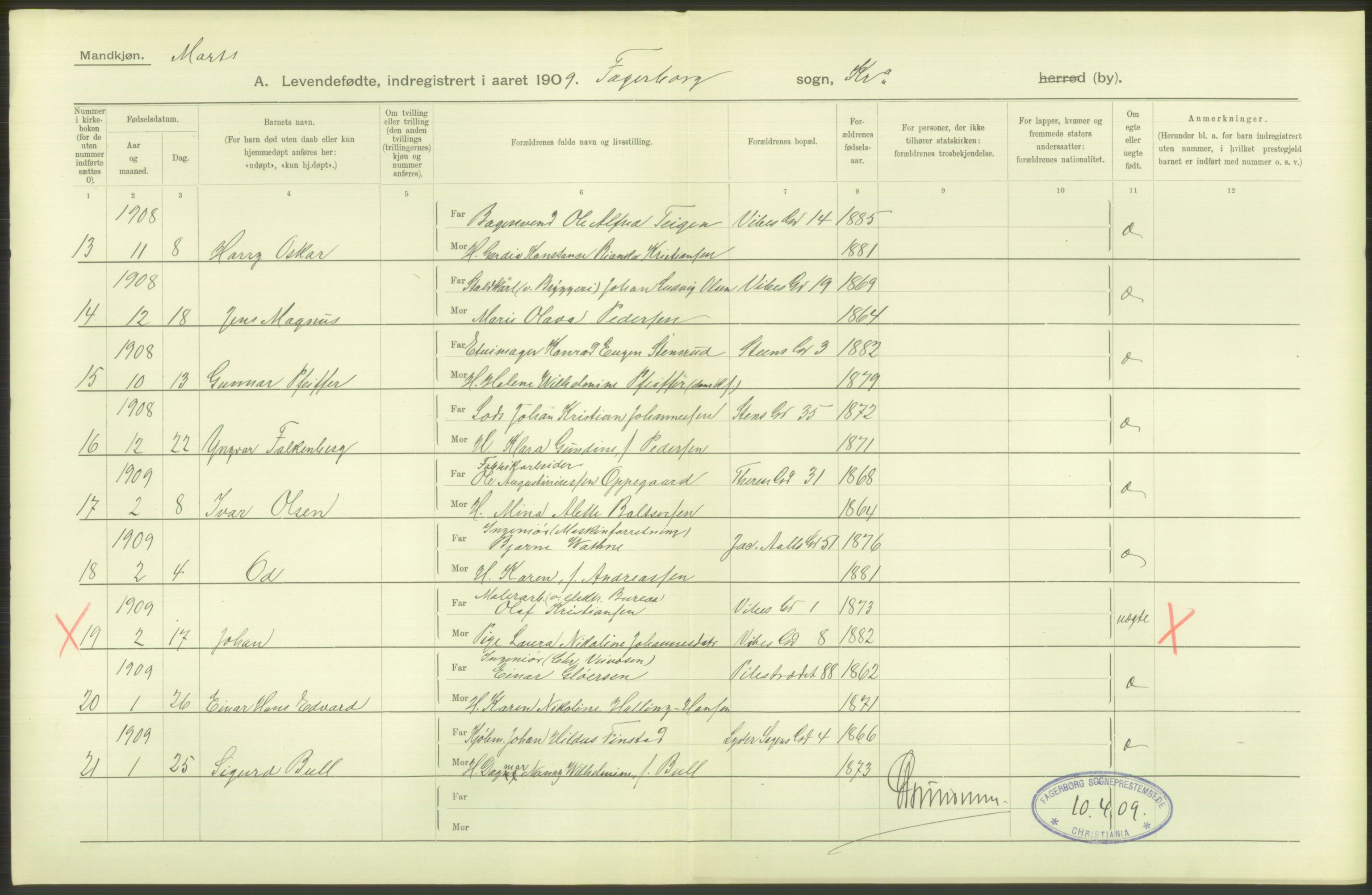 Statistisk sentralbyrå, Sosiodemografiske emner, Befolkning, RA/S-2228/D/Df/Dfa/Dfag/L0007: Kristiania: Levendefødte menn og kvinner., 1909, s. 102