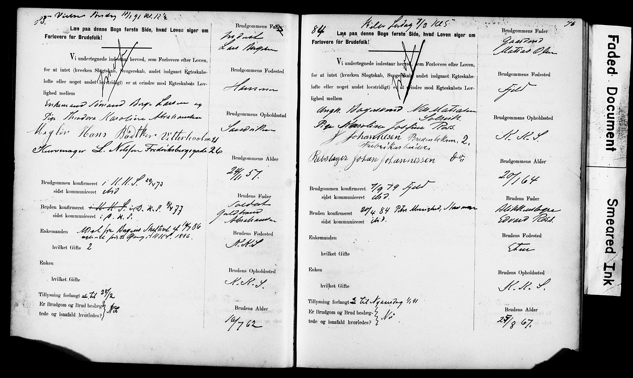 Korskirken sokneprestembete, SAB/A-76101: Forlovererklæringer nr. II.5.6, 1889-1898, s. 76
