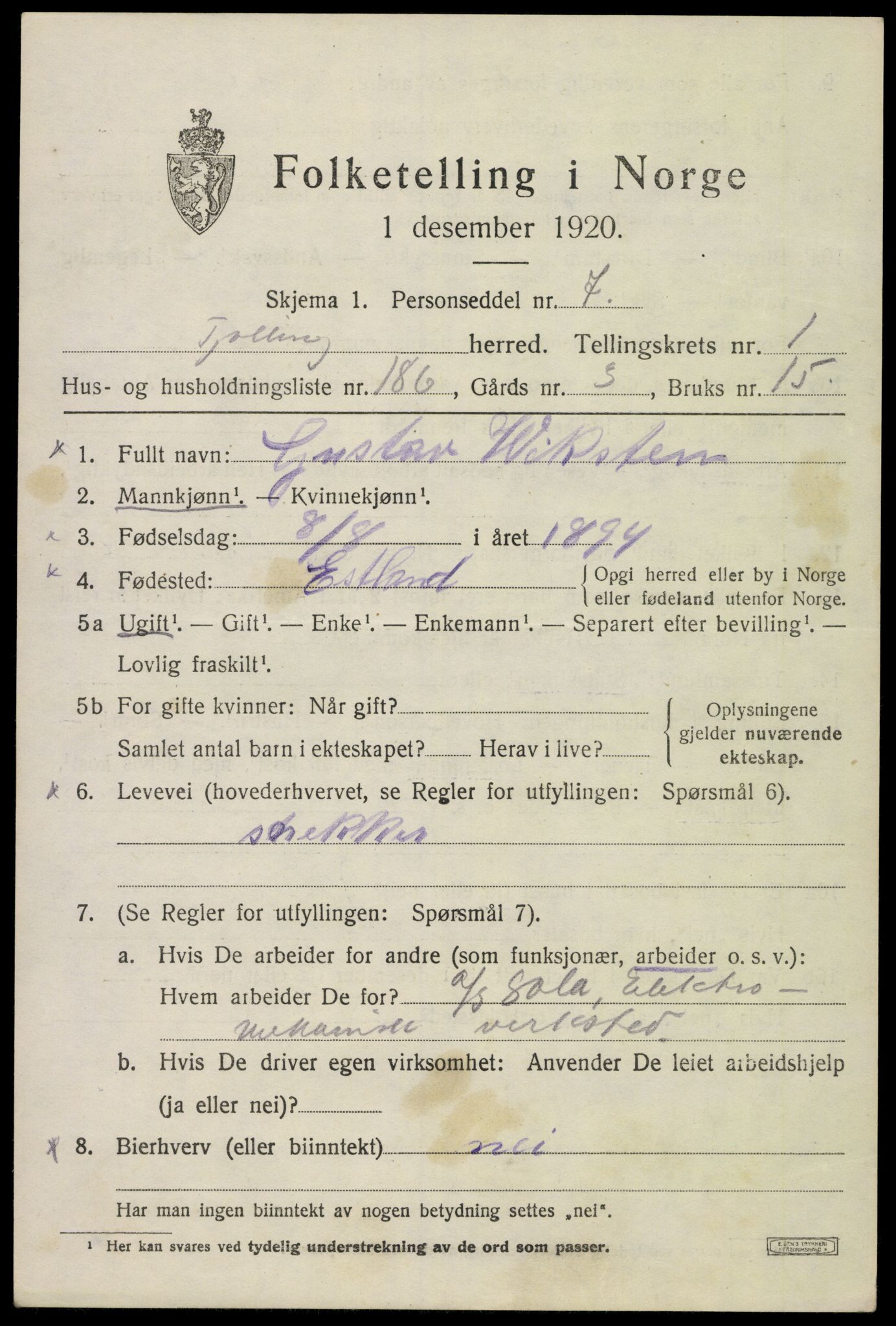 SAKO, Folketelling 1920 for 0725 Tjølling herred, 1920, s. 3691