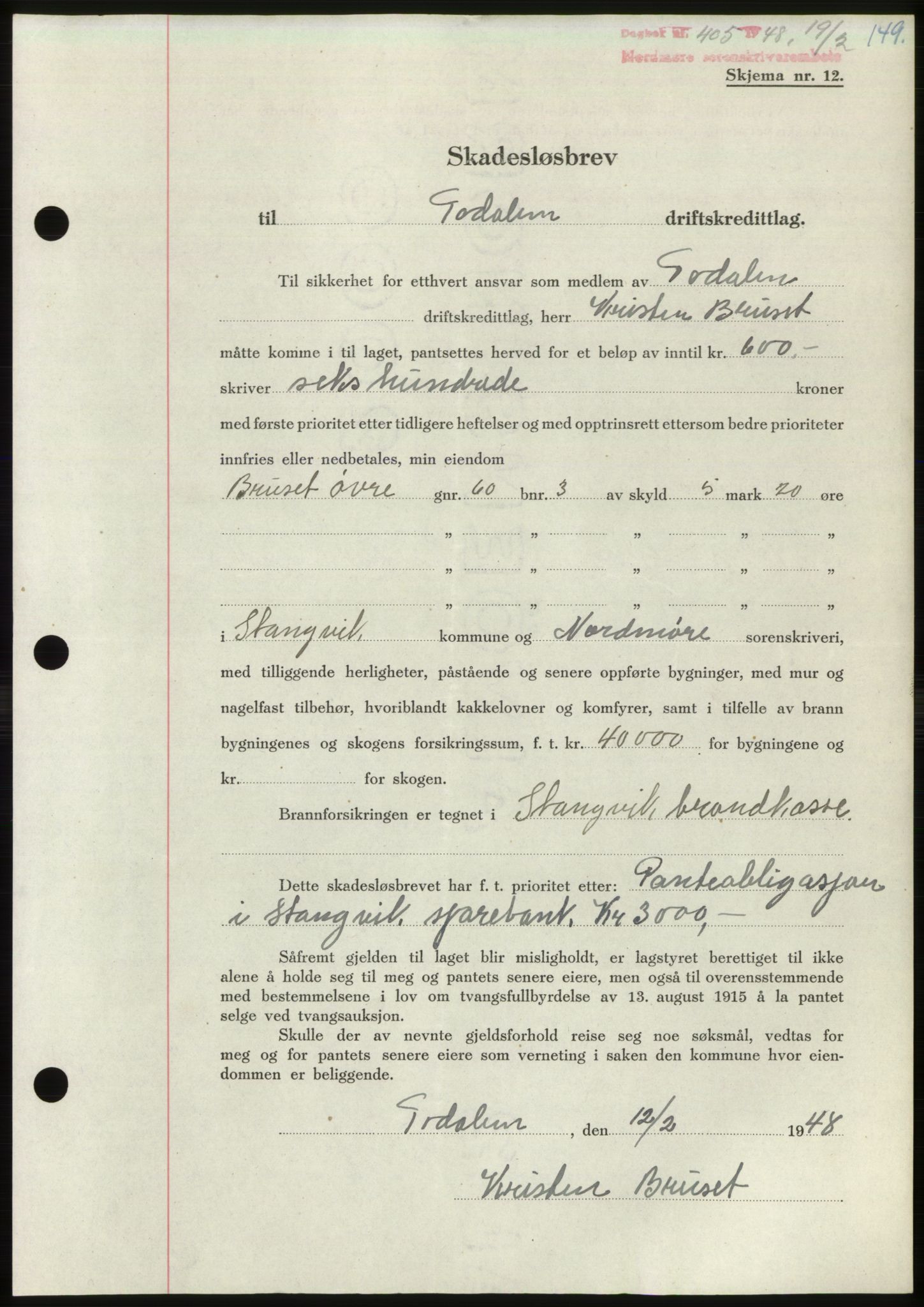 Nordmøre sorenskriveri, SAT/A-4132/1/2/2Ca: Pantebok nr. B98, 1948-1948, Dagboknr: 405/1948