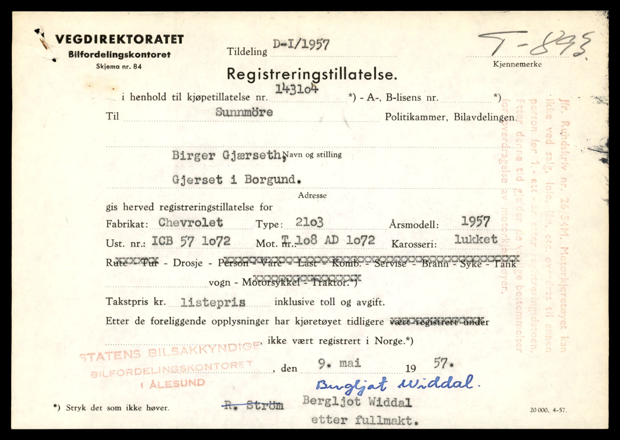 Møre og Romsdal vegkontor - Ålesund trafikkstasjon, SAT/A-4099/F/Fe/L0009: Registreringskort for kjøretøy T 896 - T 1049, 1927-1998, s. 507