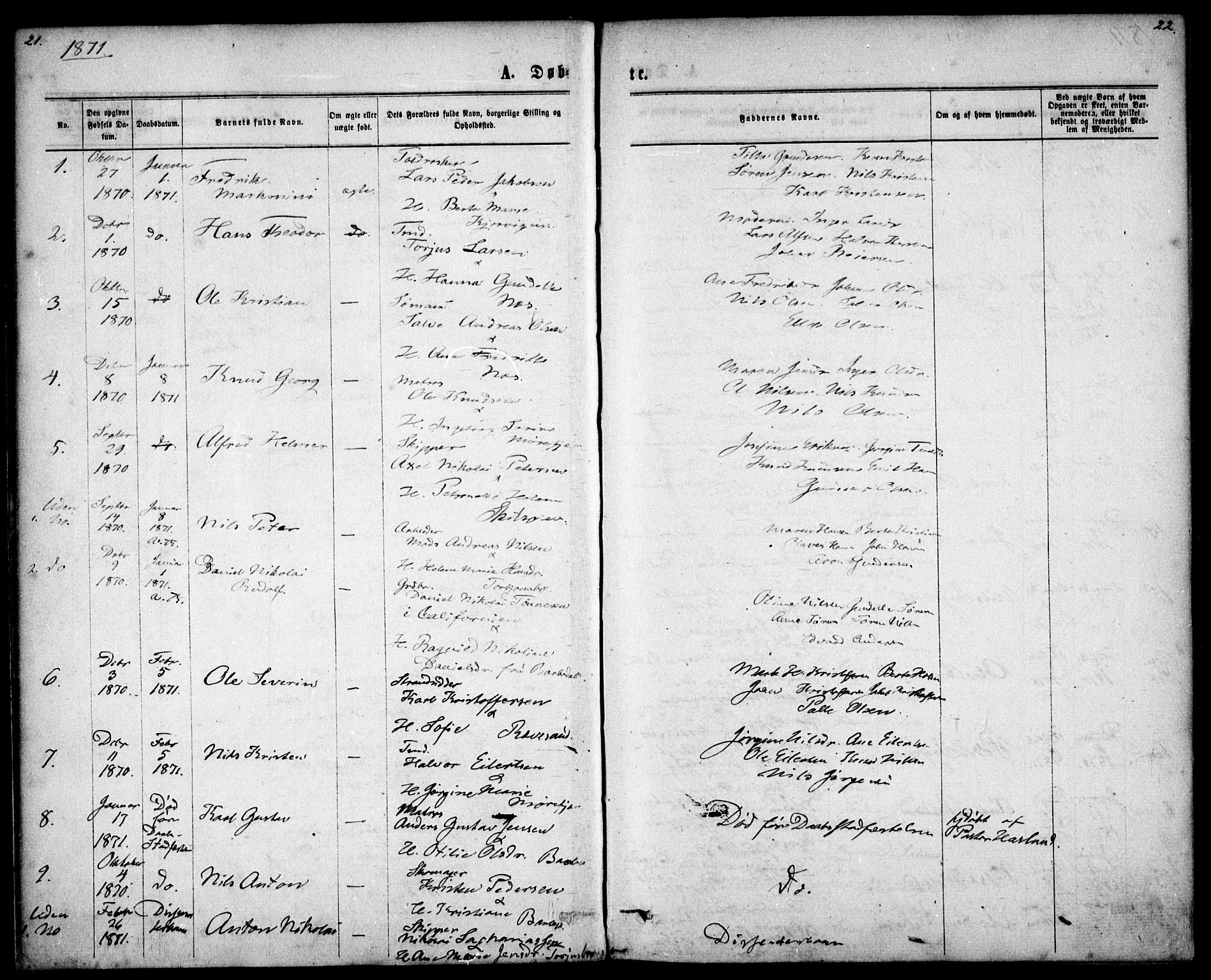 Tromøy sokneprestkontor, SAK/1111-0041/F/Fa/L0008: Ministerialbok nr. A 8, 1870-1877, s. 21-22