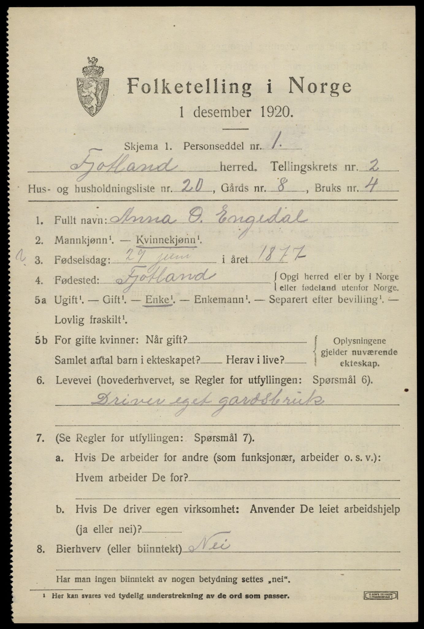 SAK, Folketelling 1920 for 1036 Fjotland herred, 1920, s. 894