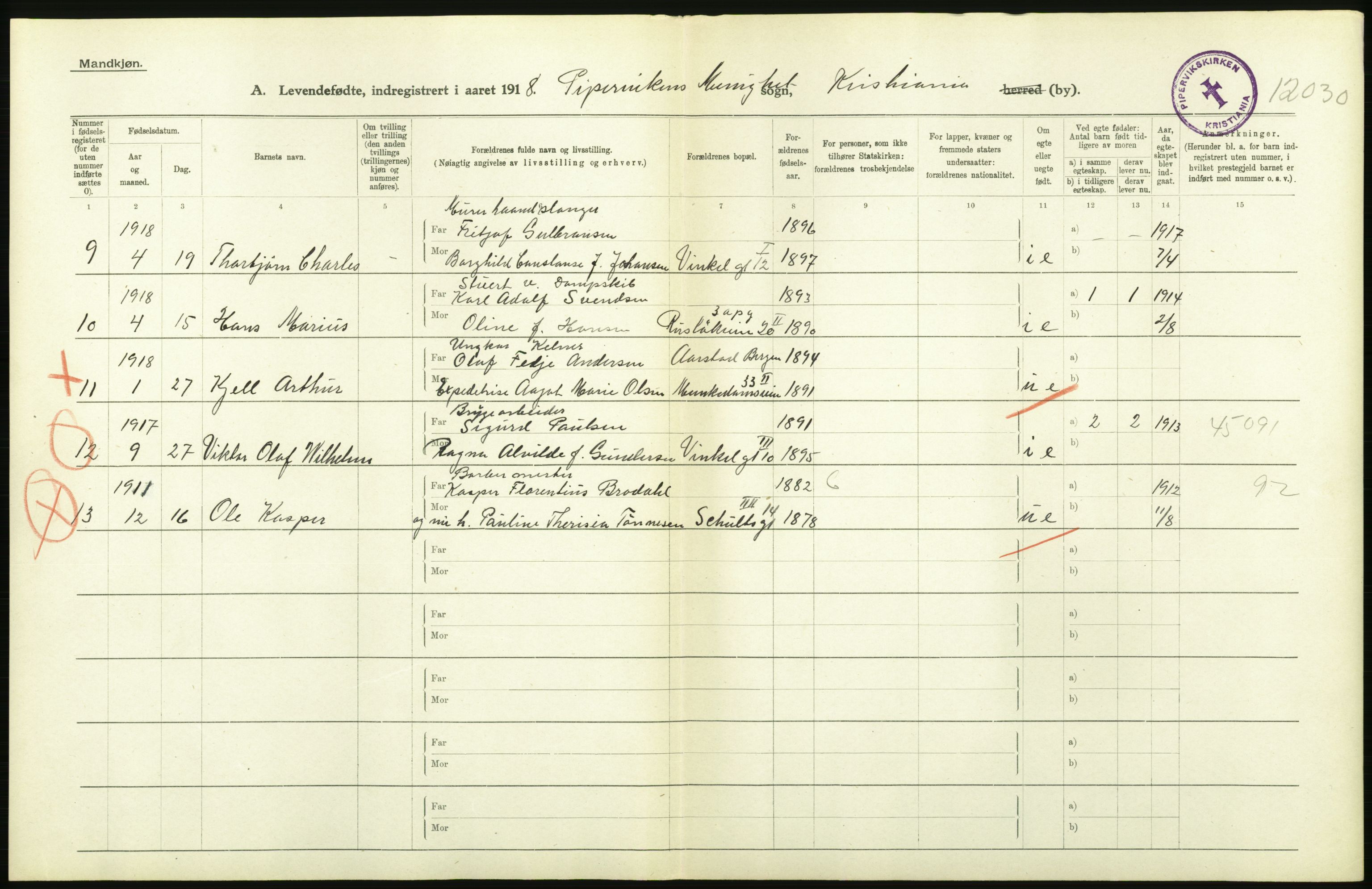 Statistisk sentralbyrå, Sosiodemografiske emner, Befolkning, RA/S-2228/D/Df/Dfb/Dfbh/L0008: Kristiania: Levendefødte menn og kvinner., 1918, s. 206