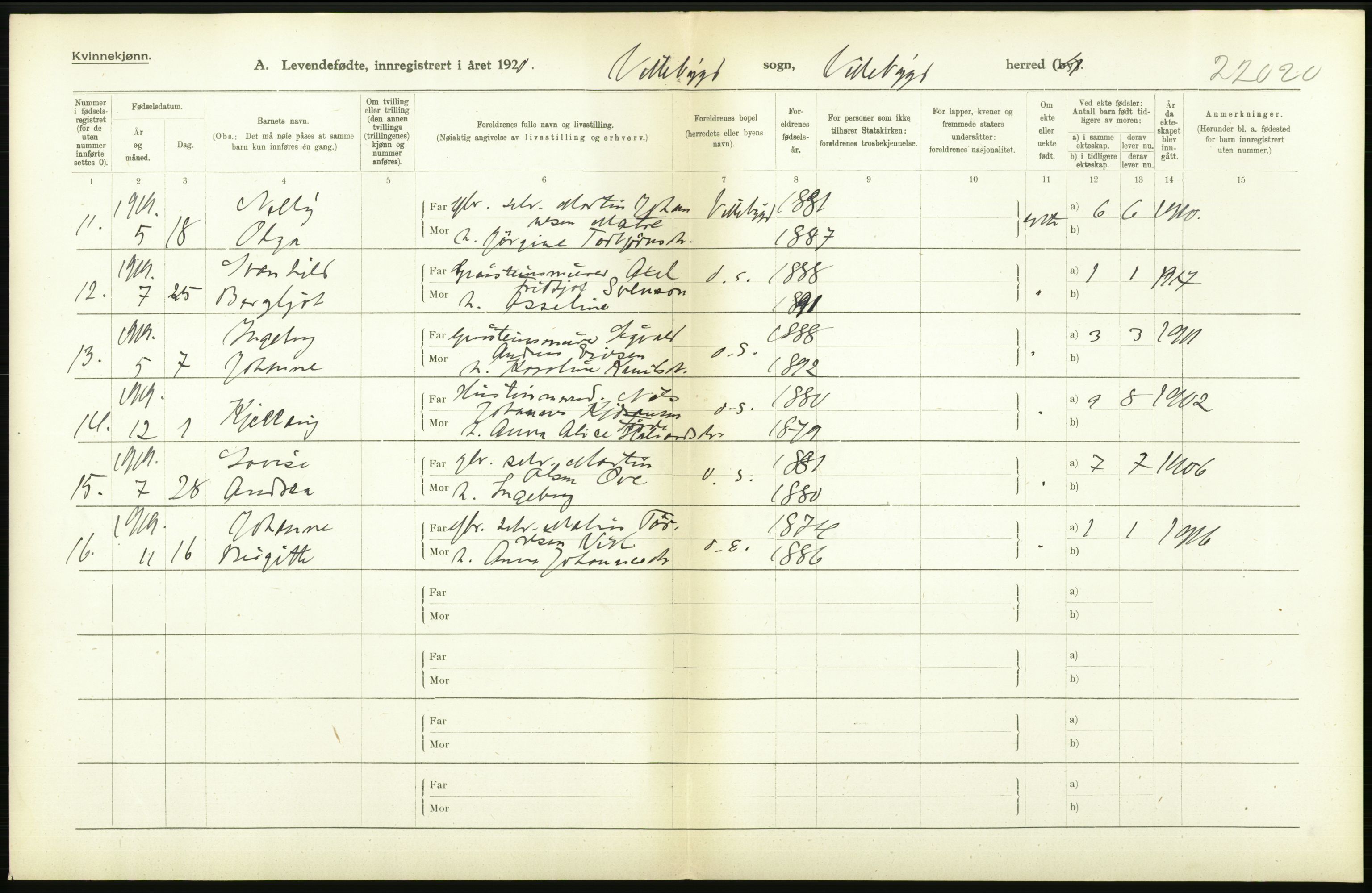 Statistisk sentralbyrå, Sosiodemografiske emner, Befolkning, RA/S-2228/D/Df/Dfb/Dfbi/L0031: Hordaland fylke: Levendefødte menn og kvinner. Bygder., 1919, s. 596