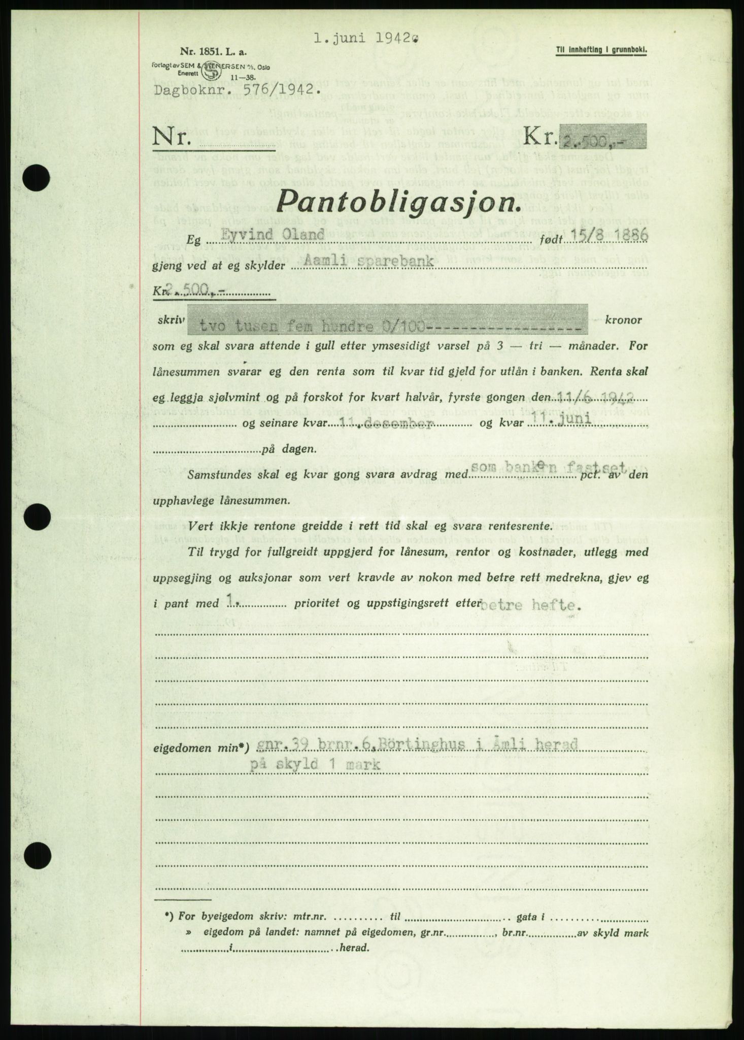 Nedenes sorenskriveri, SAK/1221-0006/G/Gb/Gbb/L0002: Pantebok nr. II, 1942-1945, Dagboknr: 576/1942