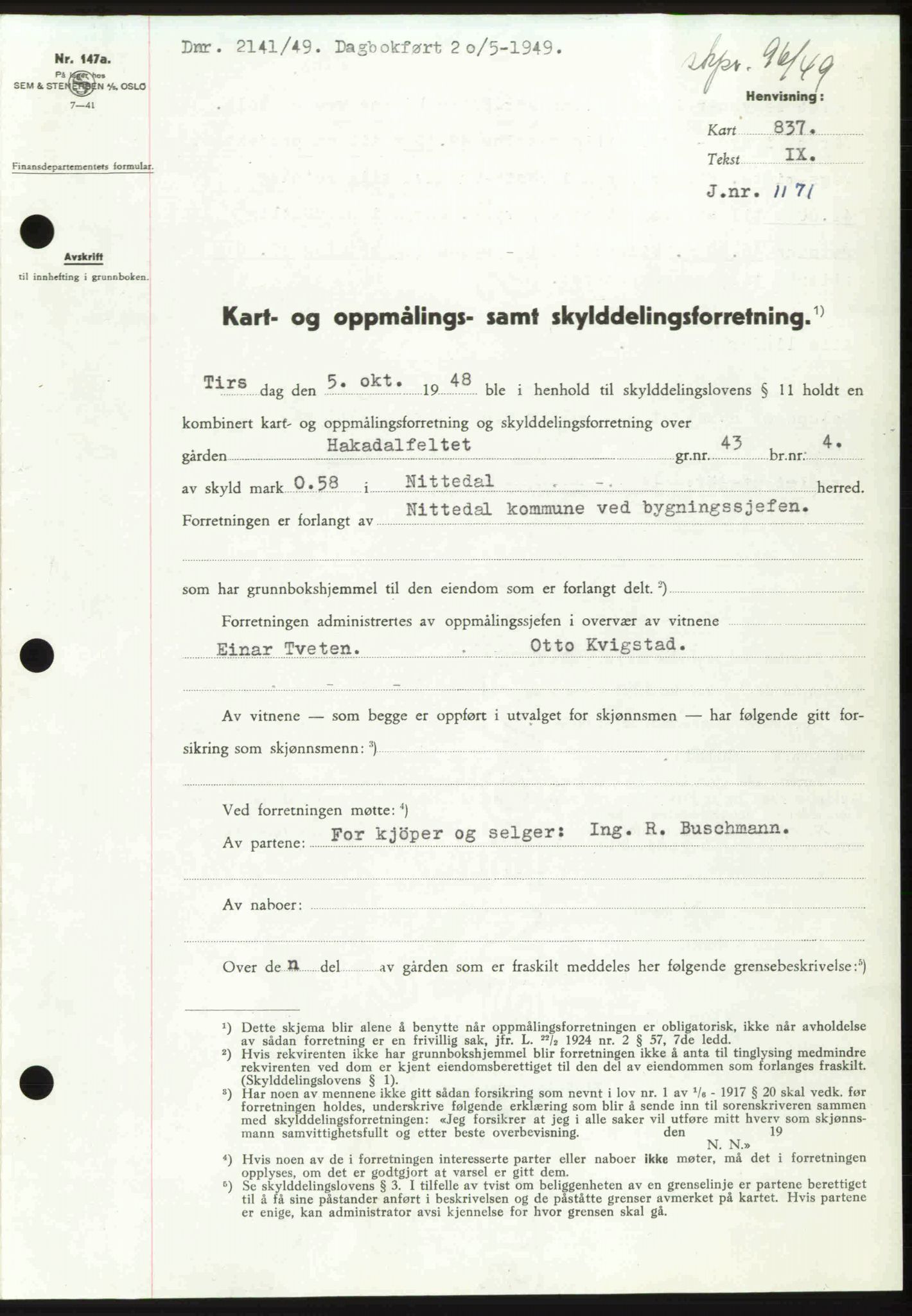 Nedre Romerike sorenskriveri, SAO/A-10469/G/Gb/Gbd/L0025: Pantebok nr. 25, 1949-1949, Dagboknr: 2141/1949