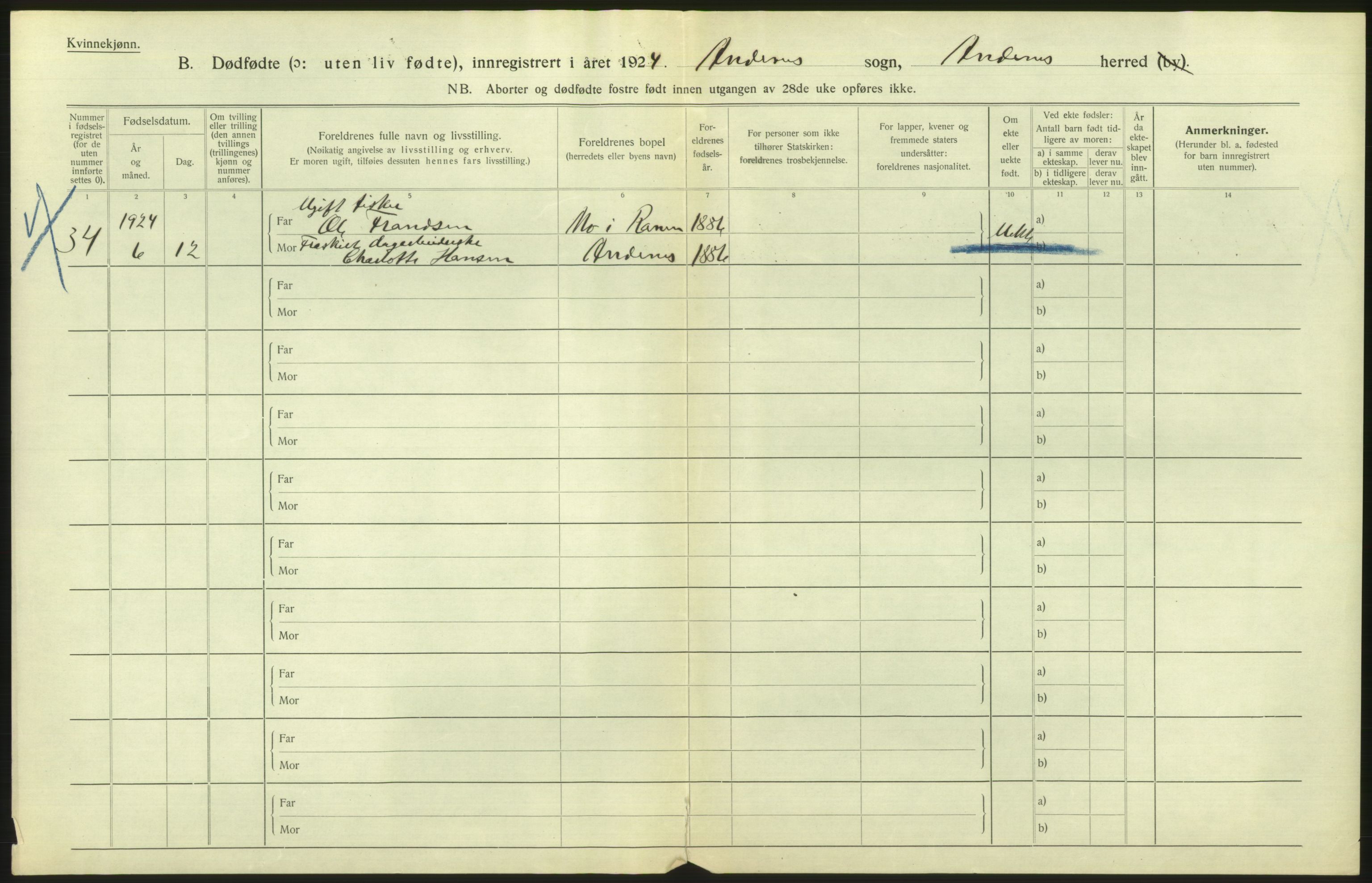 Statistisk sentralbyrå, Sosiodemografiske emner, Befolkning, AV/RA-S-2228/D/Df/Dfc/Dfcd/L0041: Nordland fylke: Levendefødte menn og kvinner. Byer, samt gifte, dødfødte. Bygder og byer., 1924, s. 486