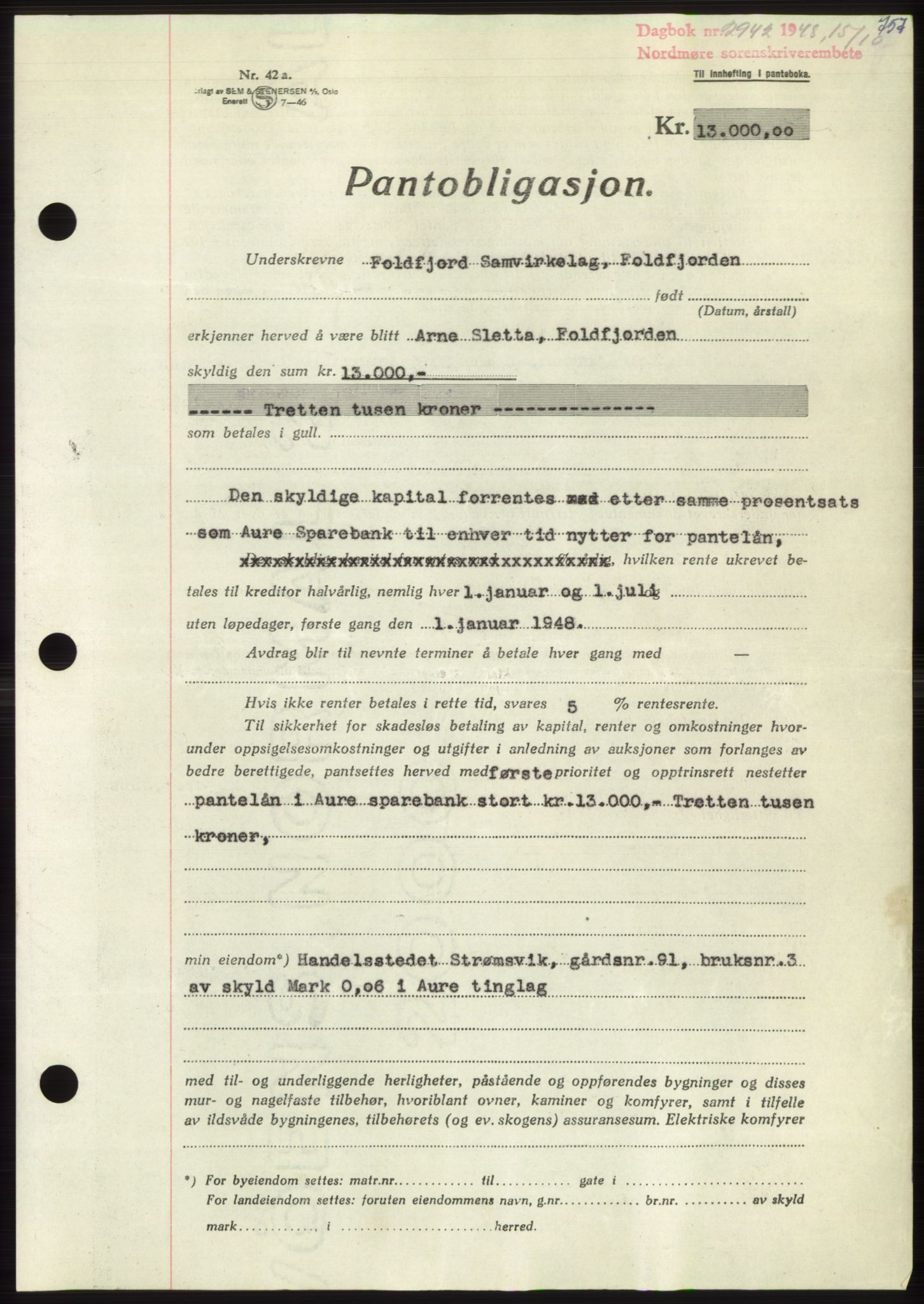 Nordmøre sorenskriveri, SAT/A-4132/1/2/2Ca: Pantebok nr. B99, 1948-1948, Dagboknr: 2942/1948