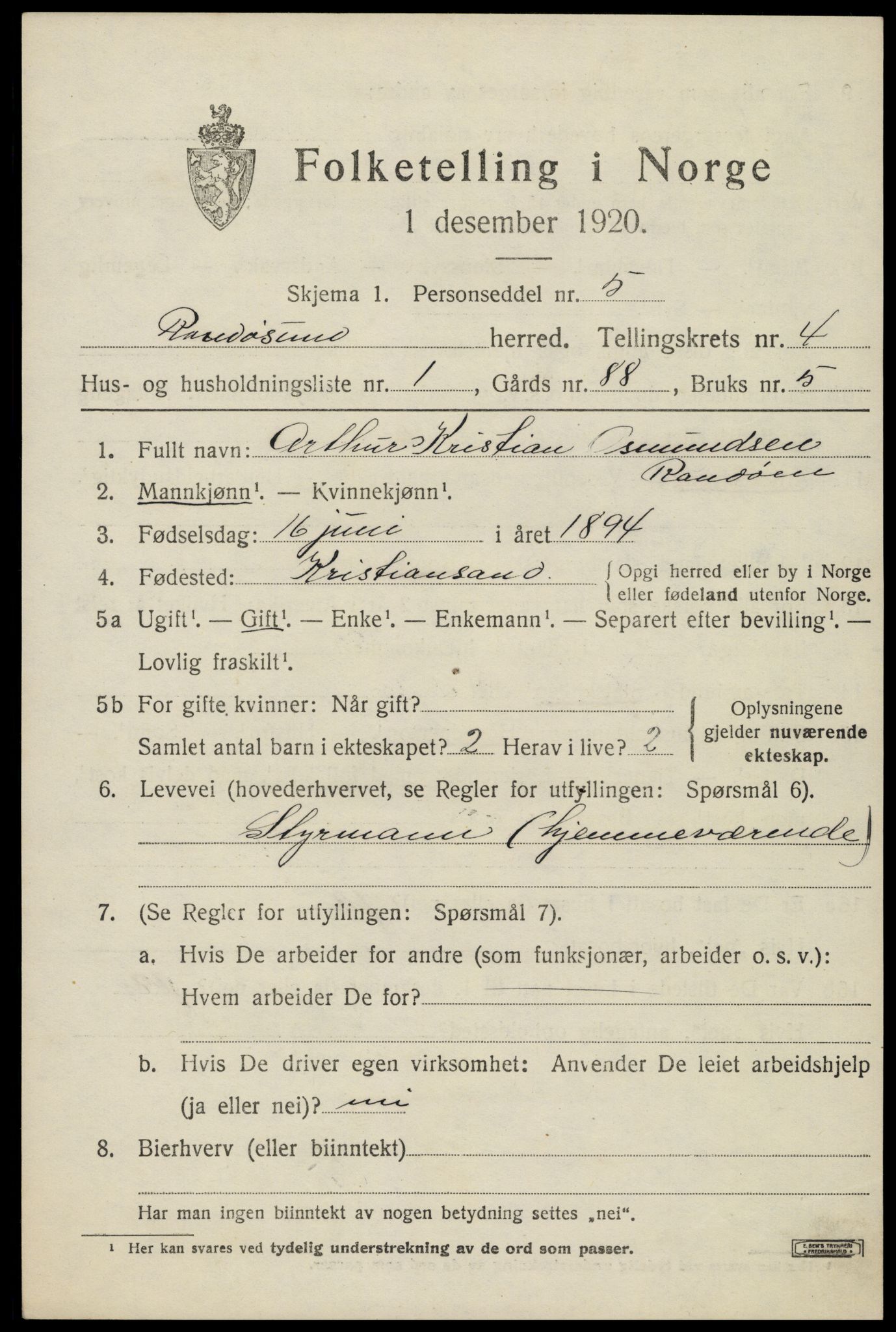 SAK, Folketelling 1920 for 1011 Randesund herred, 1920, s. 1788