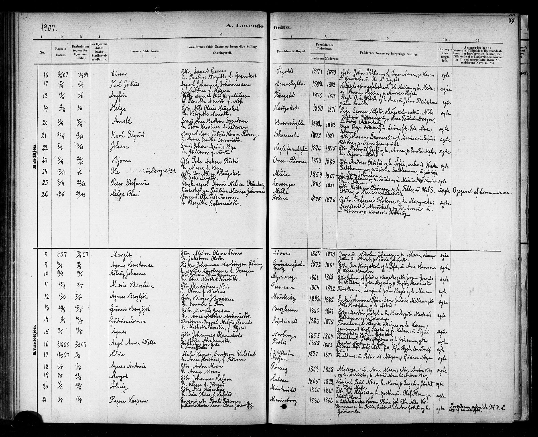 Ministerialprotokoller, klokkerbøker og fødselsregistre - Nord-Trøndelag, SAT/A-1458/721/L0208: Klokkerbok nr. 721C01, 1880-1917, s. 89