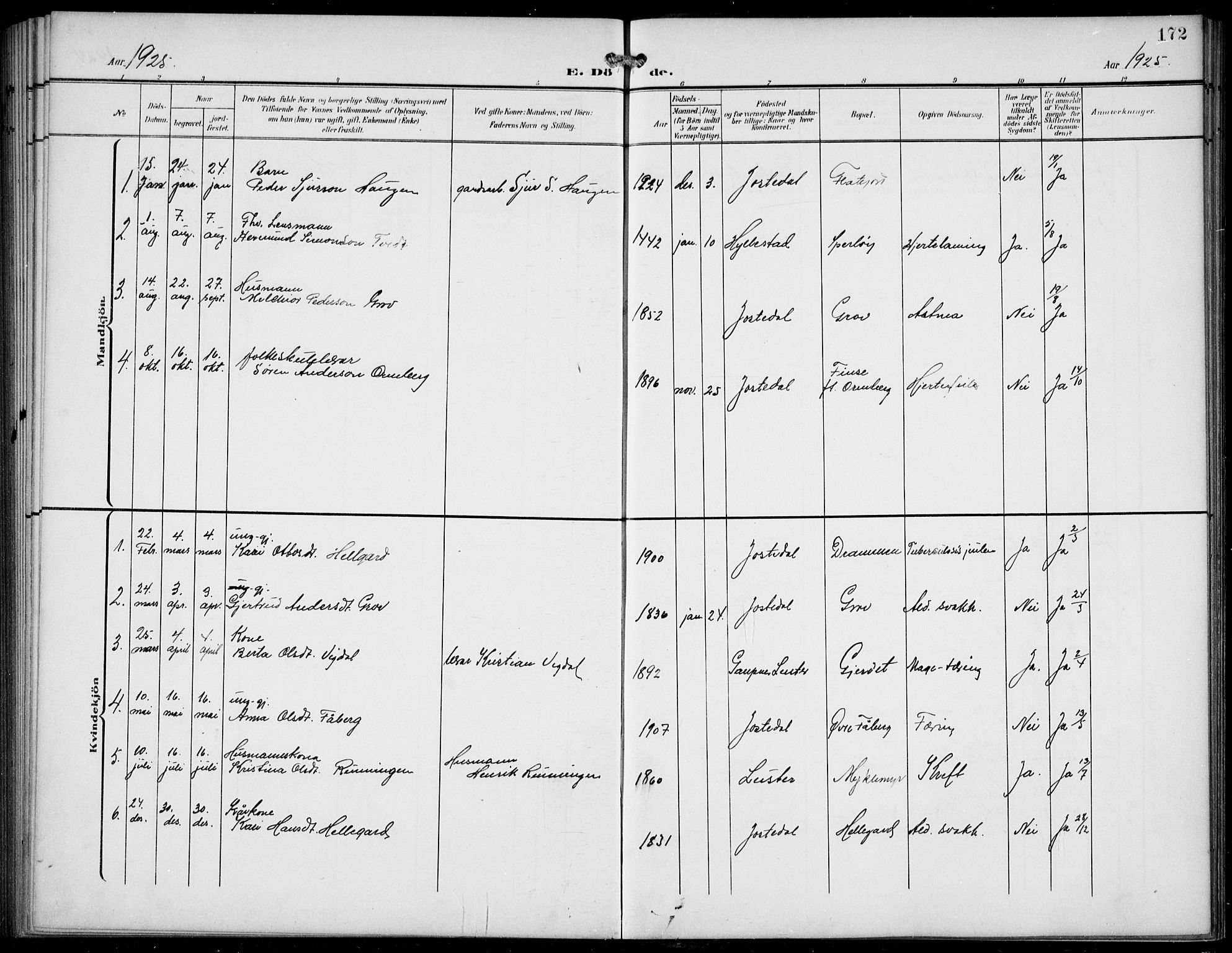 Jostedal sokneprestembete, AV/SAB-A-80601/H/Hab/Haba/L0002: Klokkerbok nr. A 2, 1907-1931, s. 172