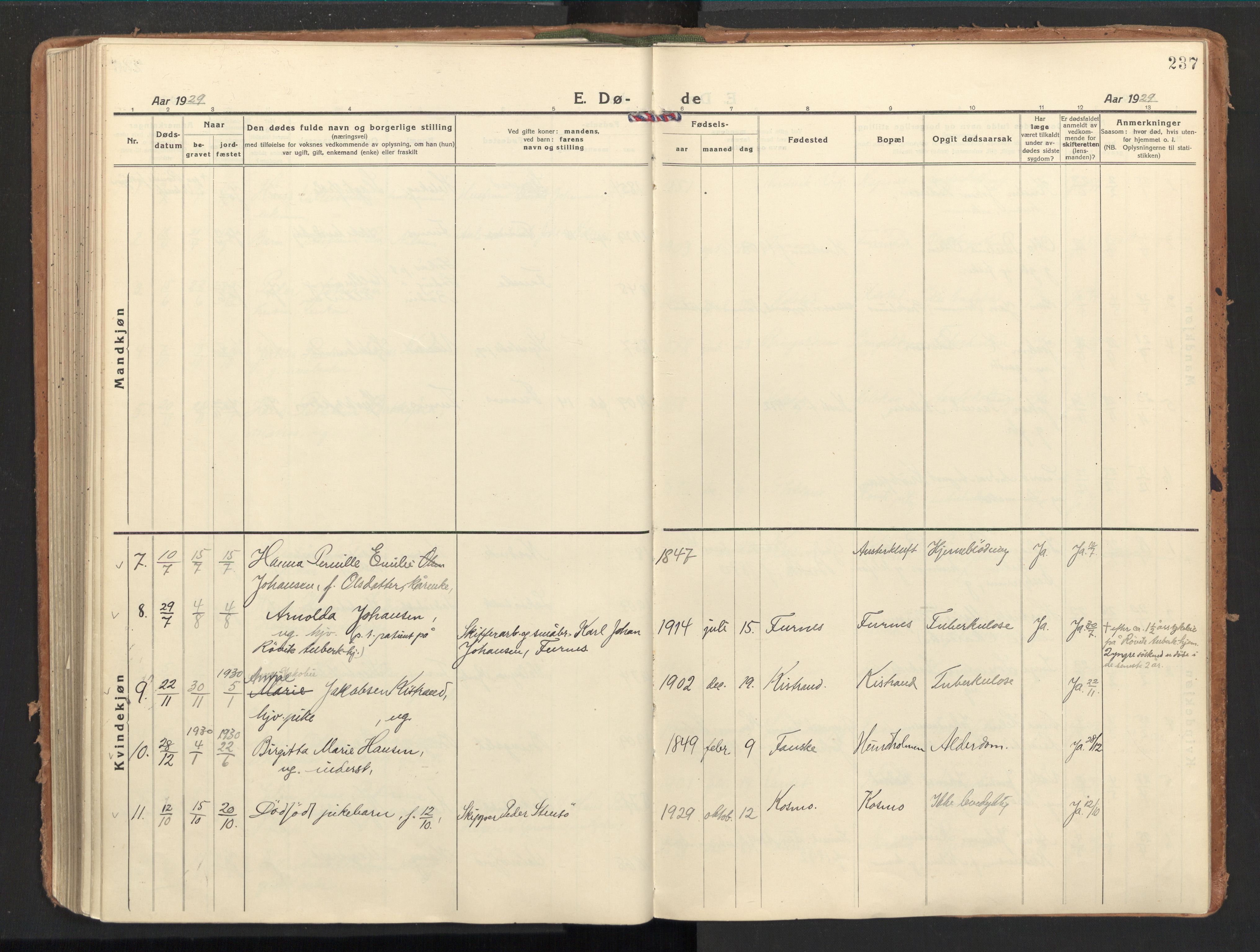 Ministerialprotokoller, klokkerbøker og fødselsregistre - Nordland, AV/SAT-A-1459/851/L0725: Ministerialbok nr. 851A02, 1922-1944, s. 237