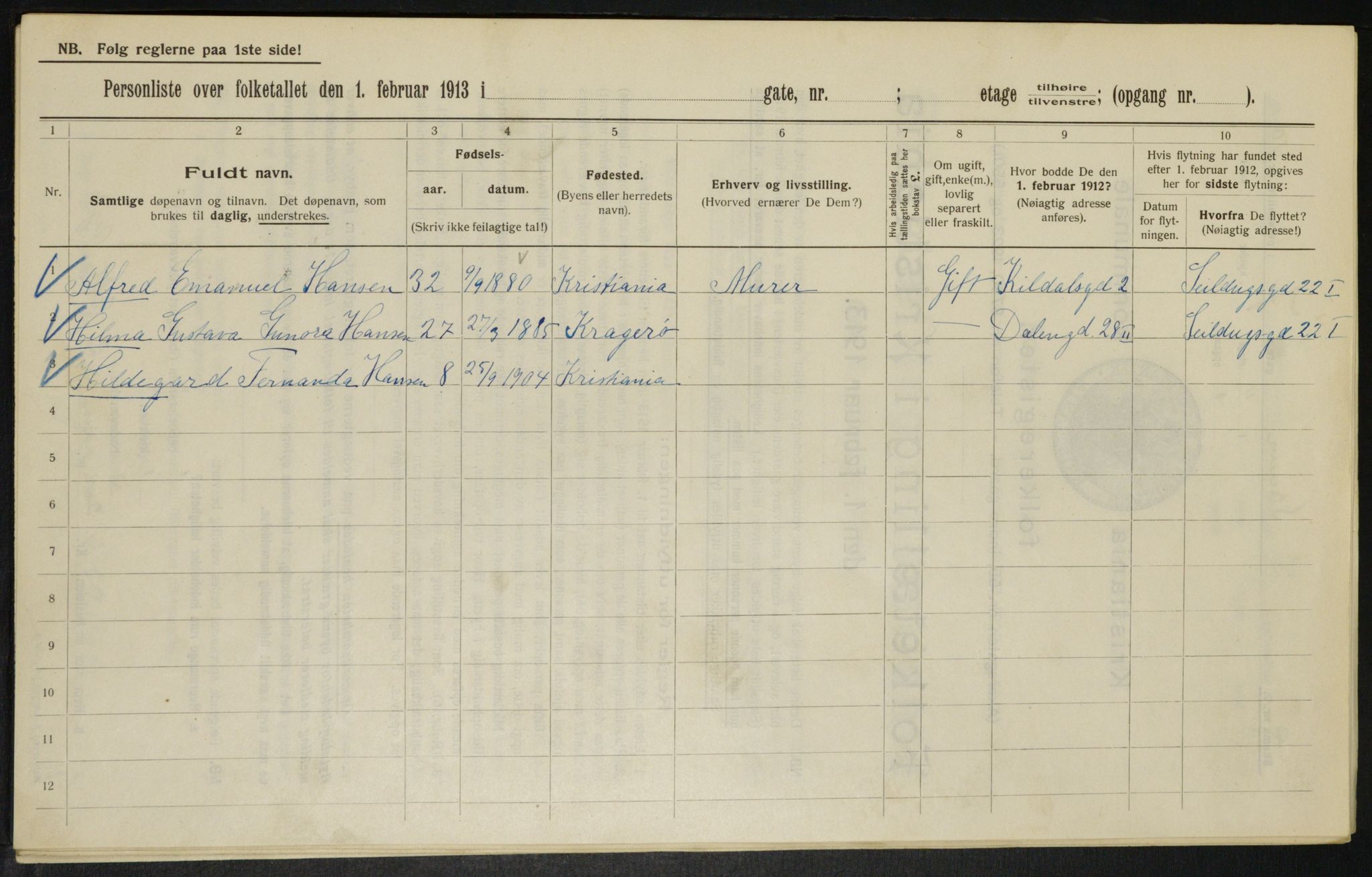 OBA, Kommunal folketelling 1.2.1913 for Kristiania, 1913, s. 88496