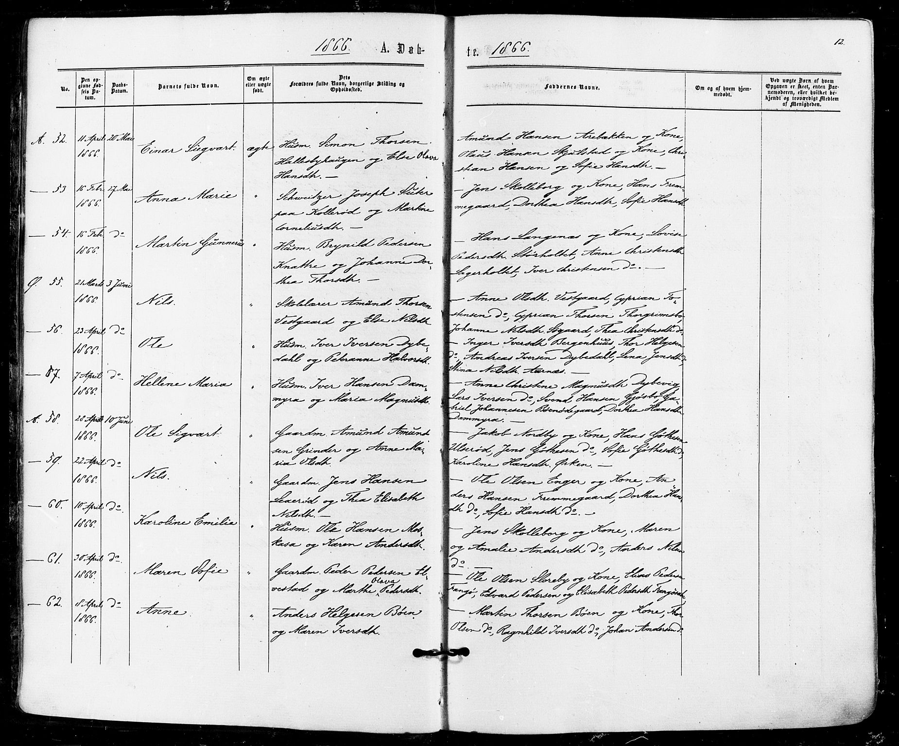 Aremark prestekontor Kirkebøker, AV/SAO-A-10899/F/Fc/L0004: Ministerialbok nr. III 4, 1866-1877, s. 11-12