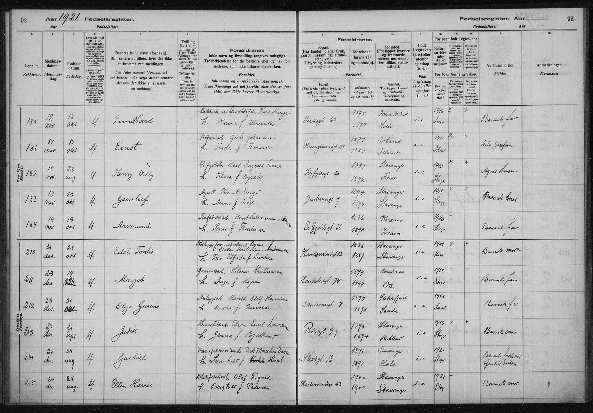 St. Johannes sokneprestkontor, AV/SAST-A-101814/002/A/L0002: Fødselsregister nr. 2, 1919-1924, s. 92