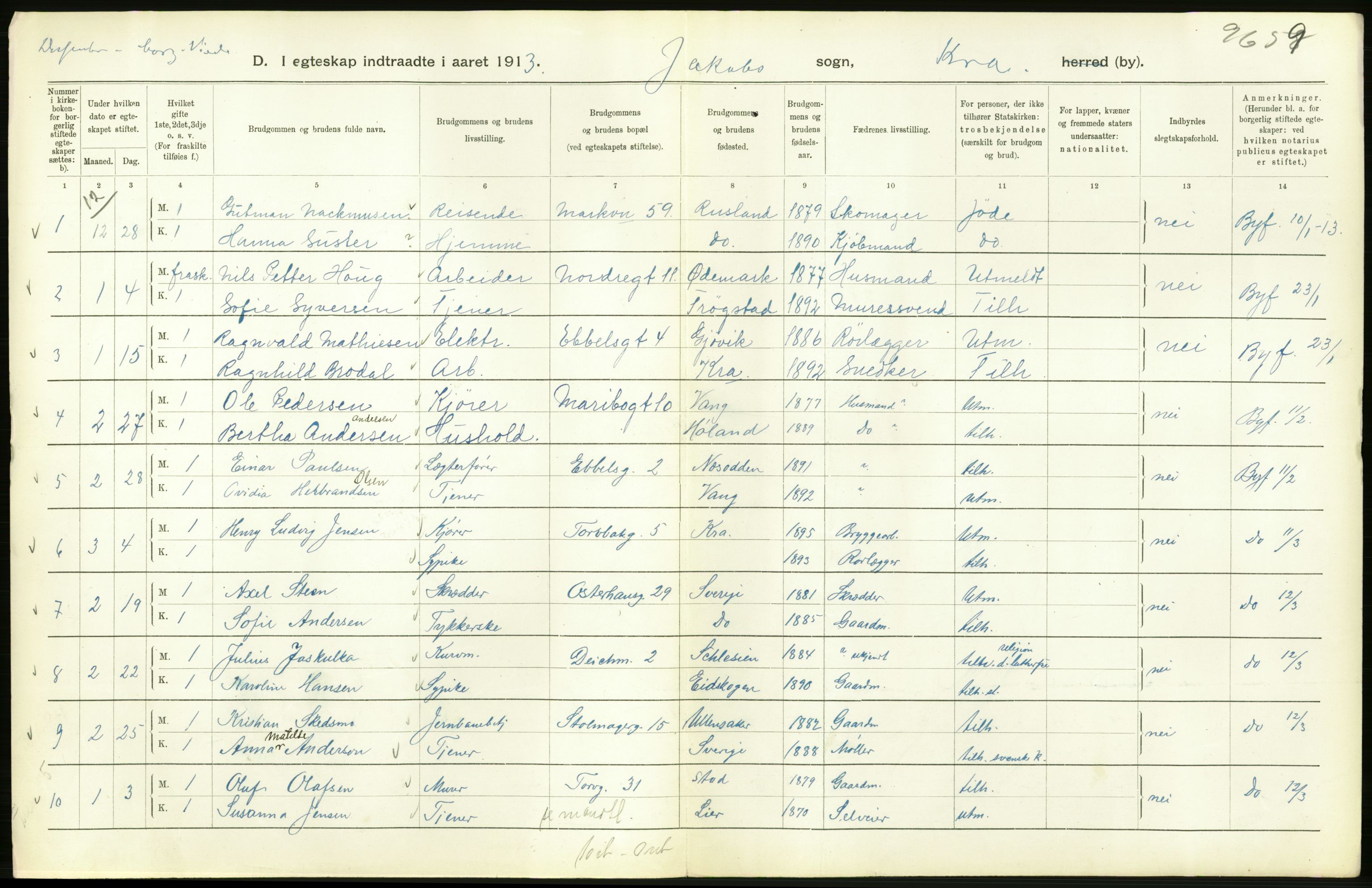 Statistisk sentralbyrå, Sosiodemografiske emner, Befolkning, RA/S-2228/D/Df/Dfb/Dfbc/L0008: Kristiania: Gifte., 1913, s. 278