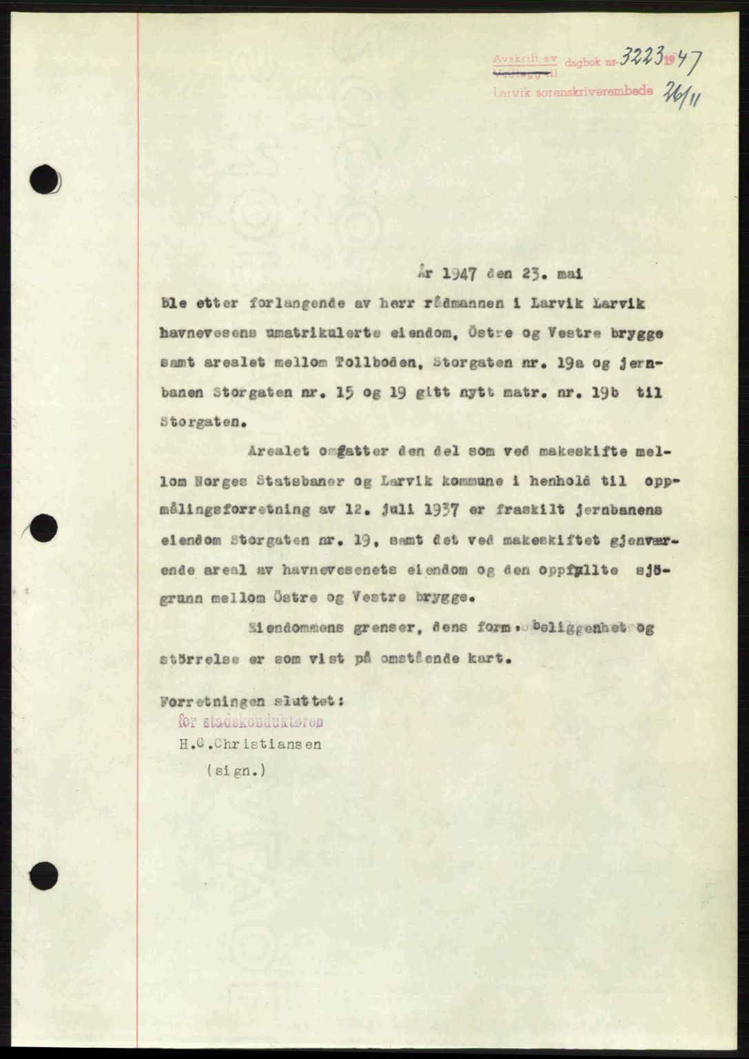 Larvik sorenskriveri, SAKO/A-83/G/Ga/Gab/L0085: Pantebok nr. A-19, 1947-1948, Dagboknr: 3223/1947