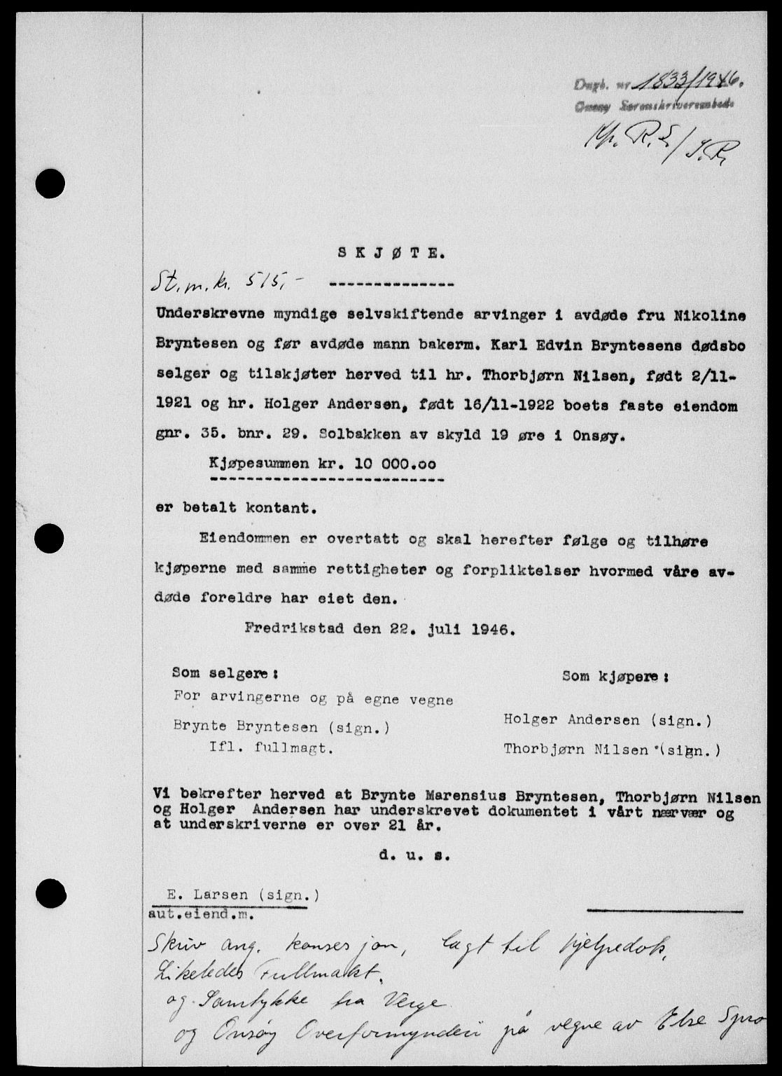 Onsøy sorenskriveri, SAO/A-10474/G/Ga/Gab/L0016: Pantebok nr. II A-16, 1946-1946, Dagboknr: 1833/1946