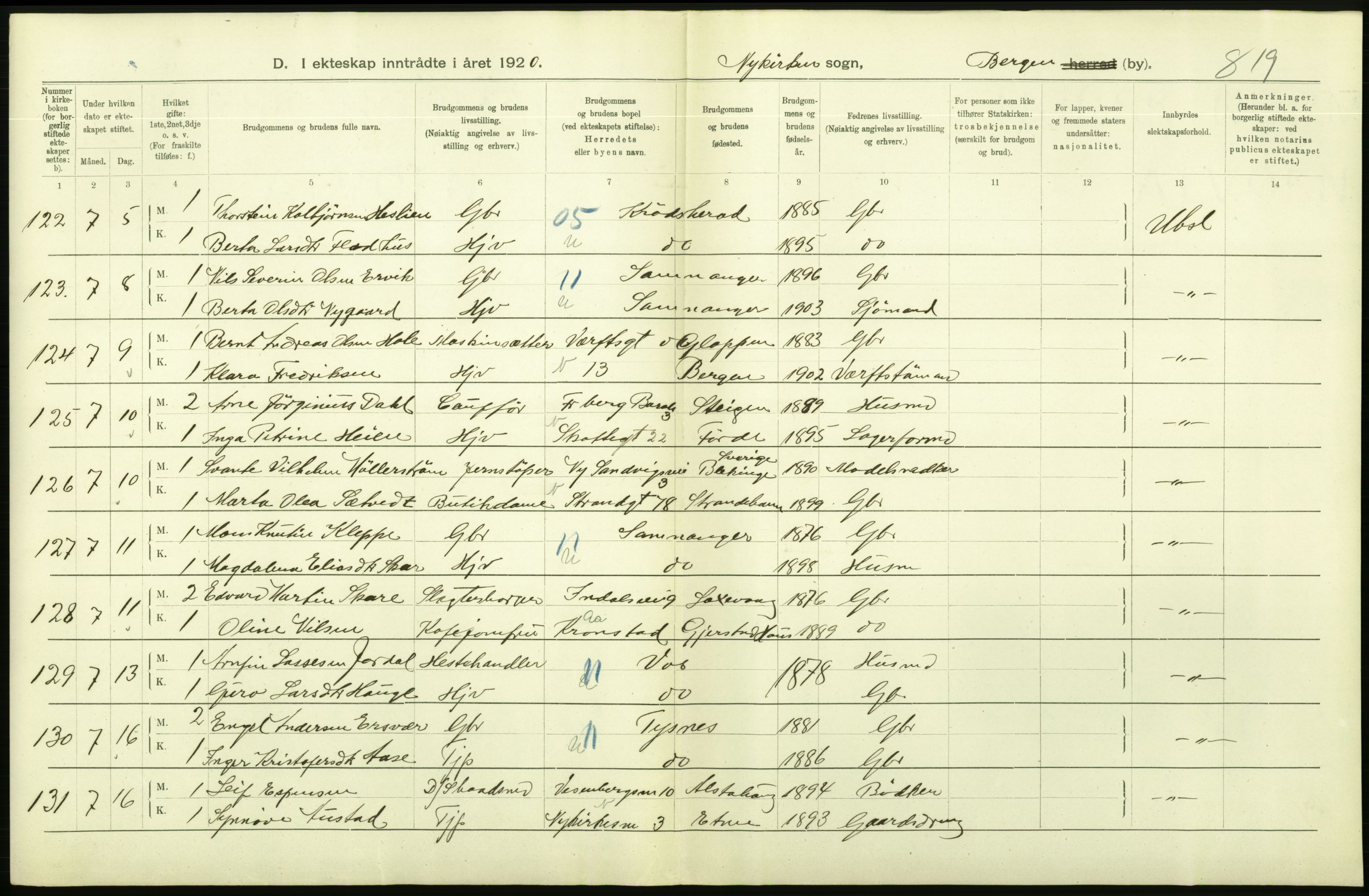 Statistisk sentralbyrå, Sosiodemografiske emner, Befolkning, AV/RA-S-2228/D/Df/Dfb/Dfbj/L0042: Bergen: Gifte, døde, dødfødte., 1920, s. 126