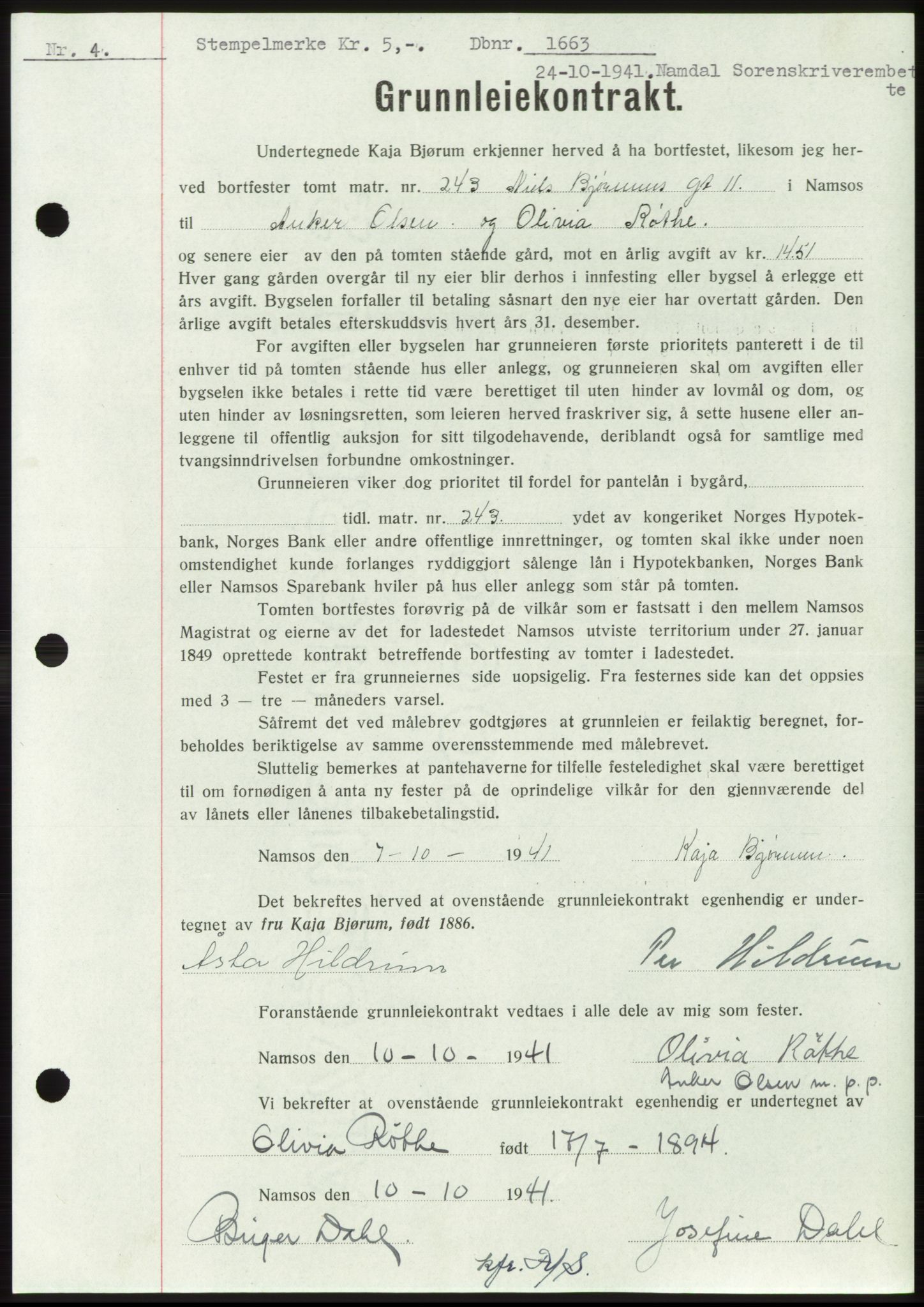 Namdal sorenskriveri, SAT/A-4133/1/2/2C: Pantebok nr. -, 1941-1942, Dagboknr: 1663/1941
