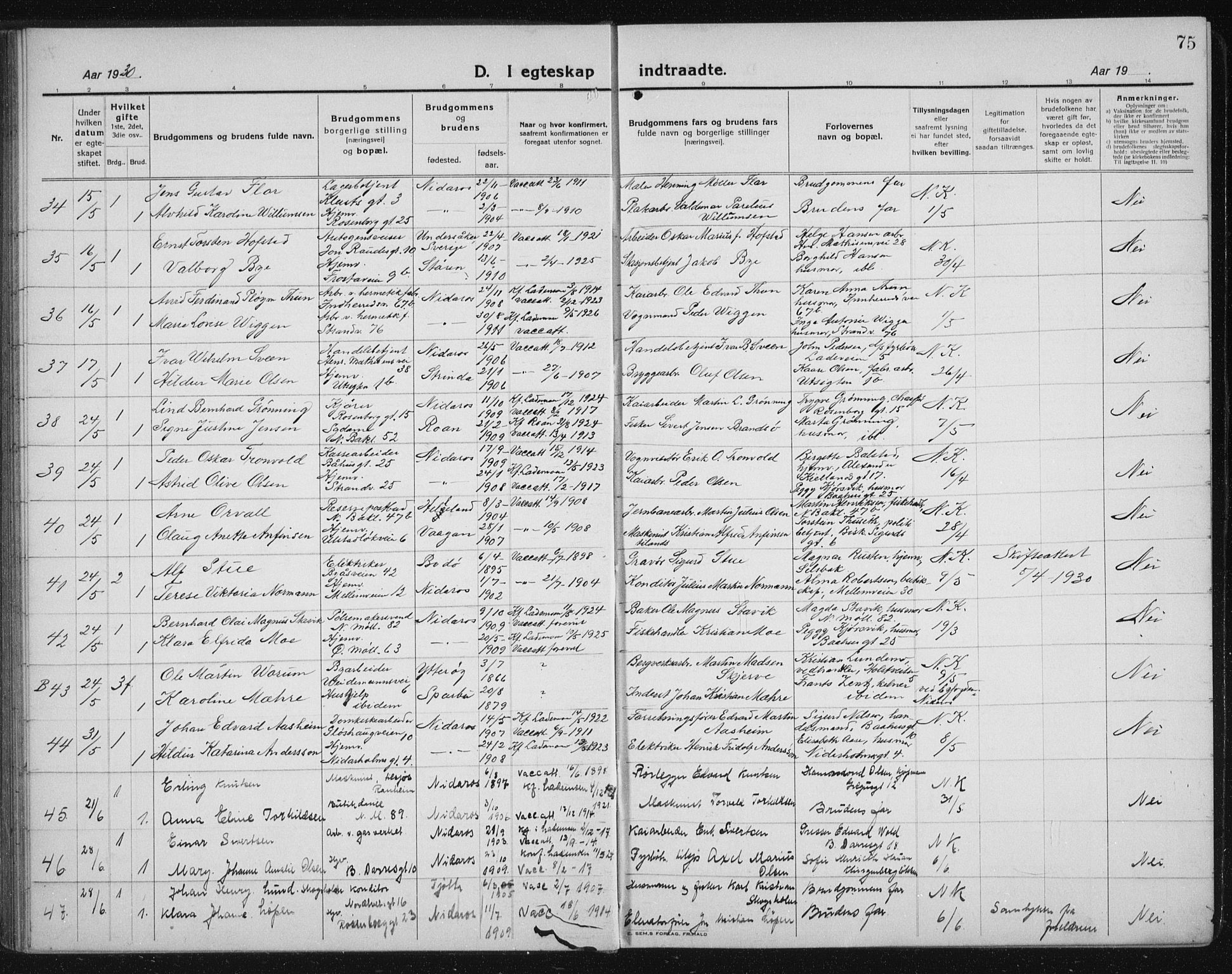 Ministerialprotokoller, klokkerbøker og fødselsregistre - Sør-Trøndelag, AV/SAT-A-1456/605/L0260: Klokkerbok nr. 605C07, 1922-1942, s. 75