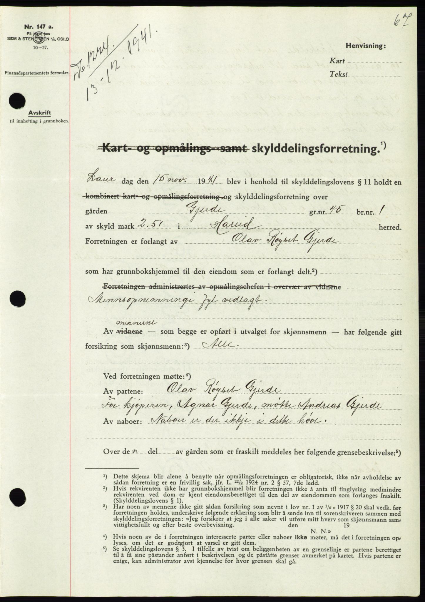 Søre Sunnmøre sorenskriveri, AV/SAT-A-4122/1/2/2C/L0073: Pantebok nr. 67, 1941-1942, Dagboknr: 1224/1941