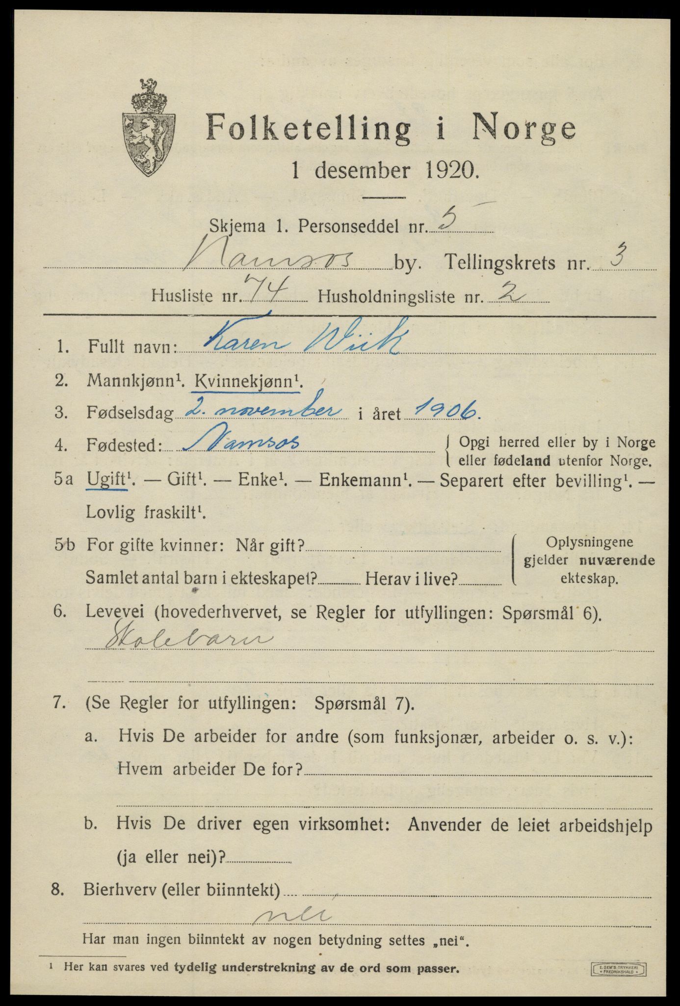 SAT, Folketelling 1920 for 1703 Namsos ladested, 1920, s. 4805