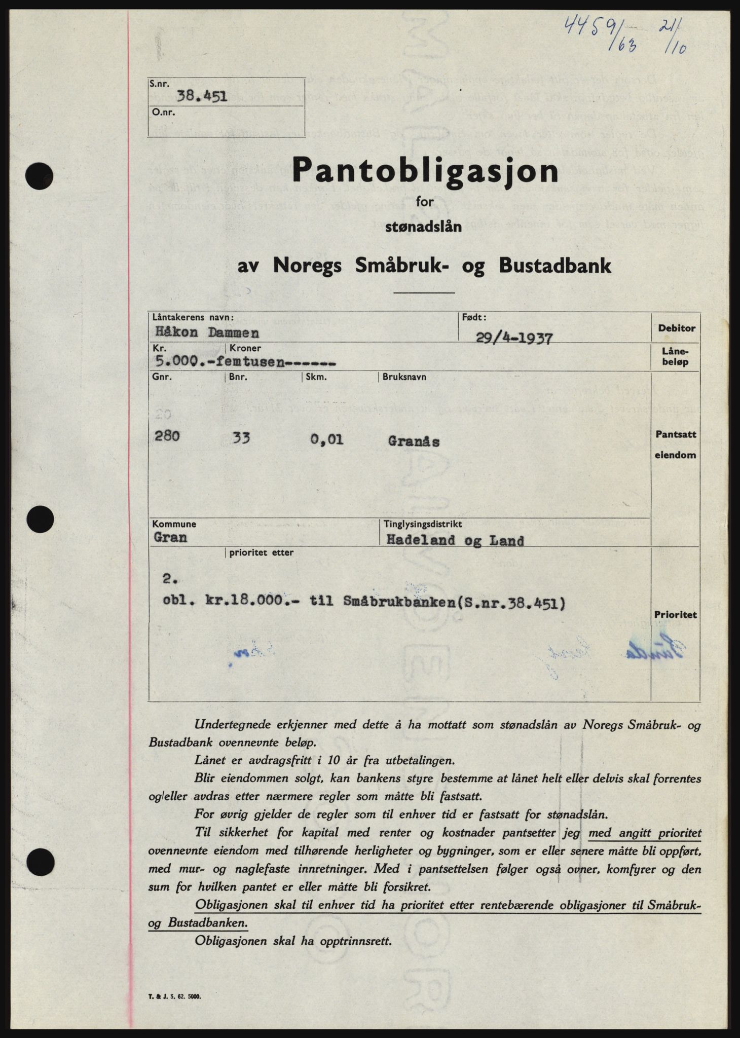 Hadeland og Land tingrett, SAH/TING-010/H/Hb/Hbc/L0053: Pantebok nr. B53, 1963-1964, Dagboknr: 4459/1963