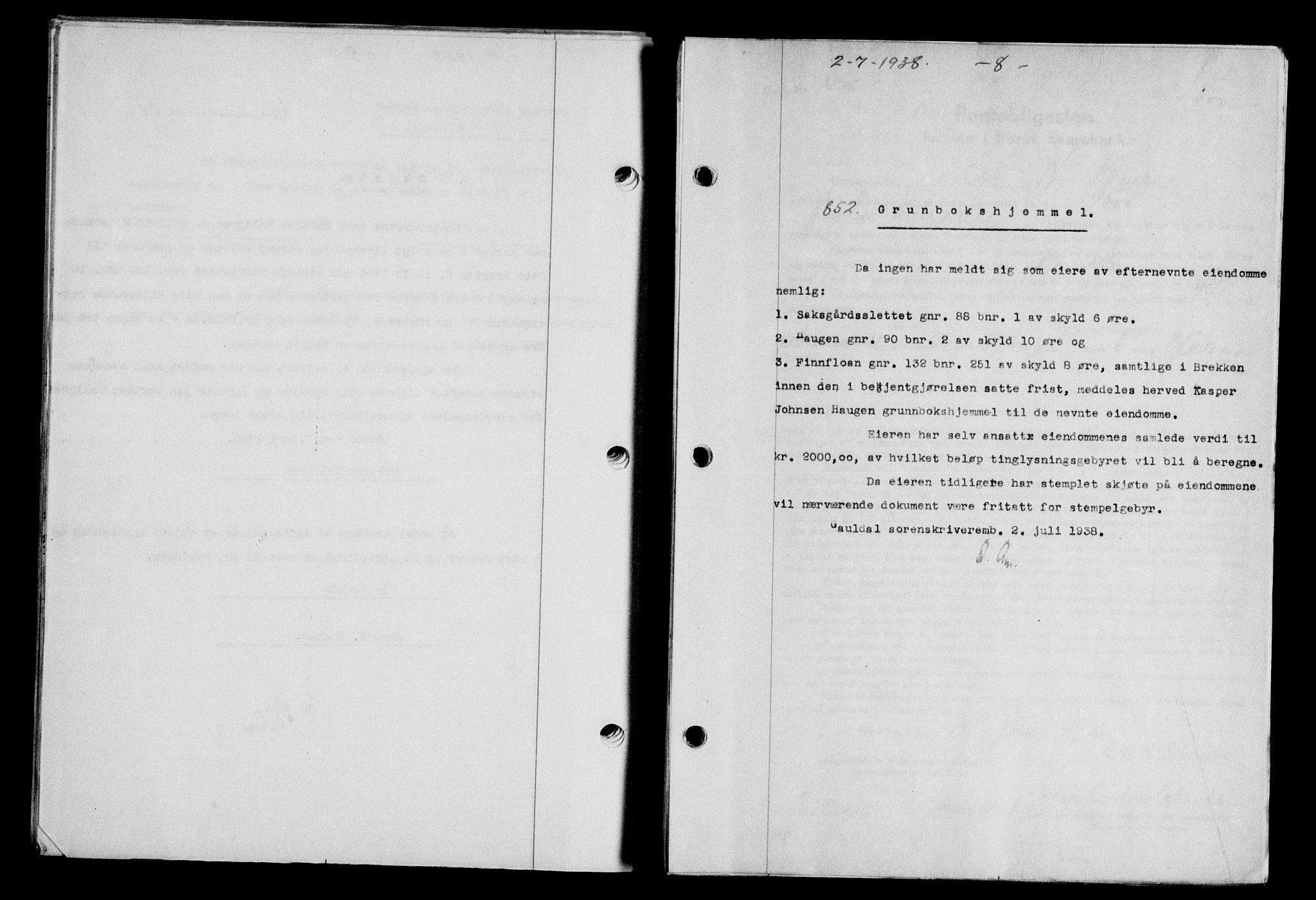 Gauldal sorenskriveri, SAT/A-0014/1/2/2C/L0049: Pantebok nr. 53, 1938-1938, Dagboknr: 852/1938