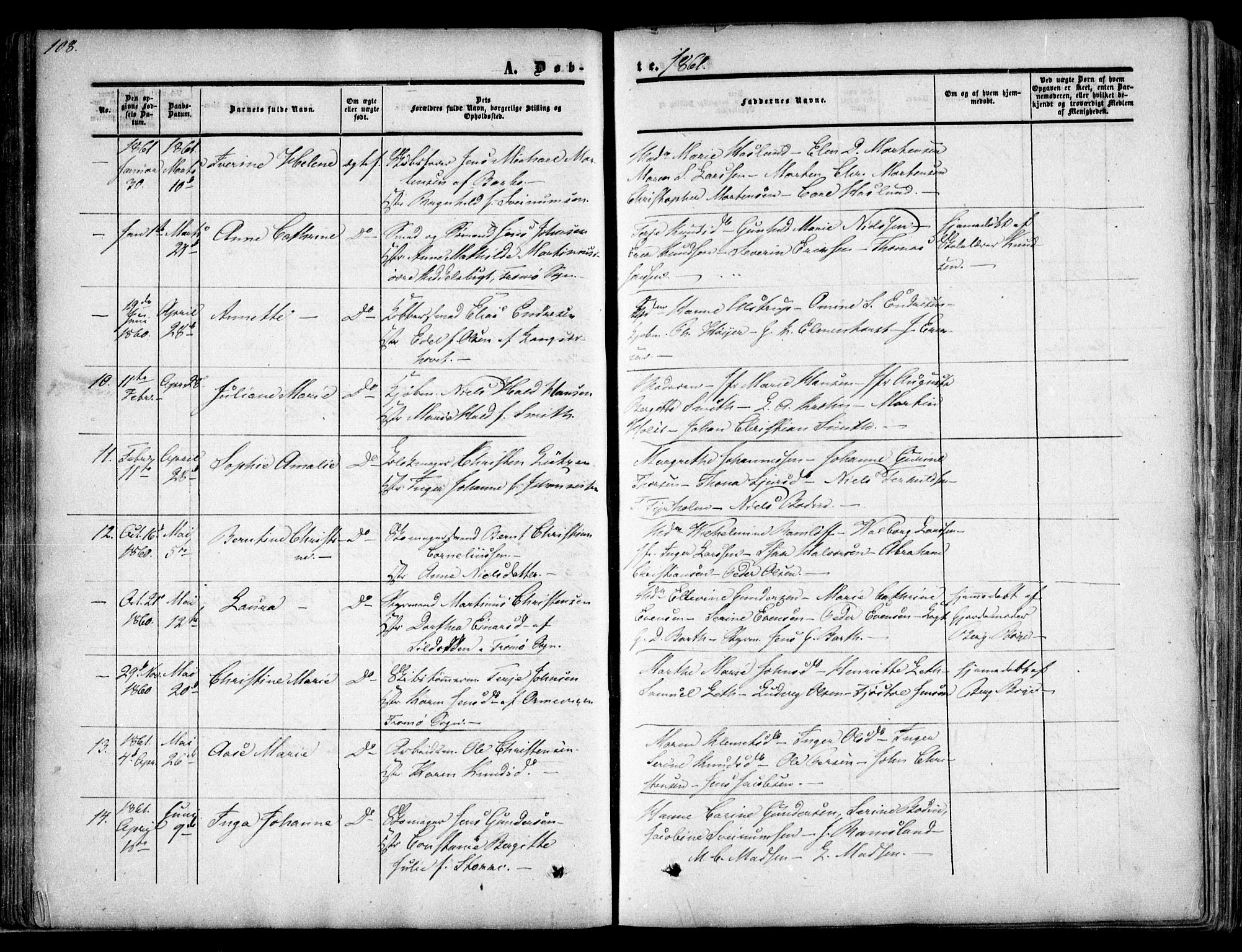 Arendal sokneprestkontor, Trefoldighet, AV/SAK-1111-0040/F/Fa/L0006: Ministerialbok nr. A 6, 1855-1868, s. 108