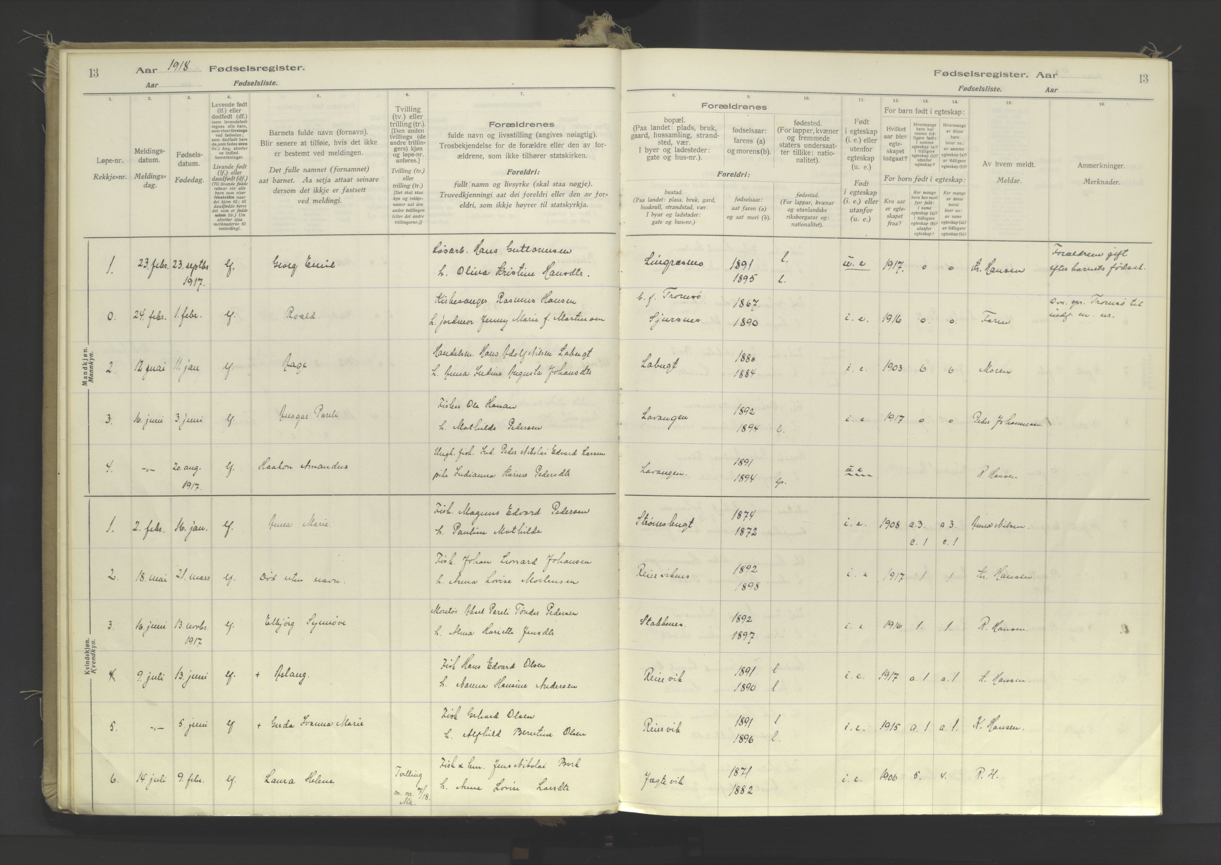 Lyngen sokneprestembete, AV/SATØ-S-1289/I/Ia/L0078: Fødselsregister nr. 78, 1916-1950, s. 13