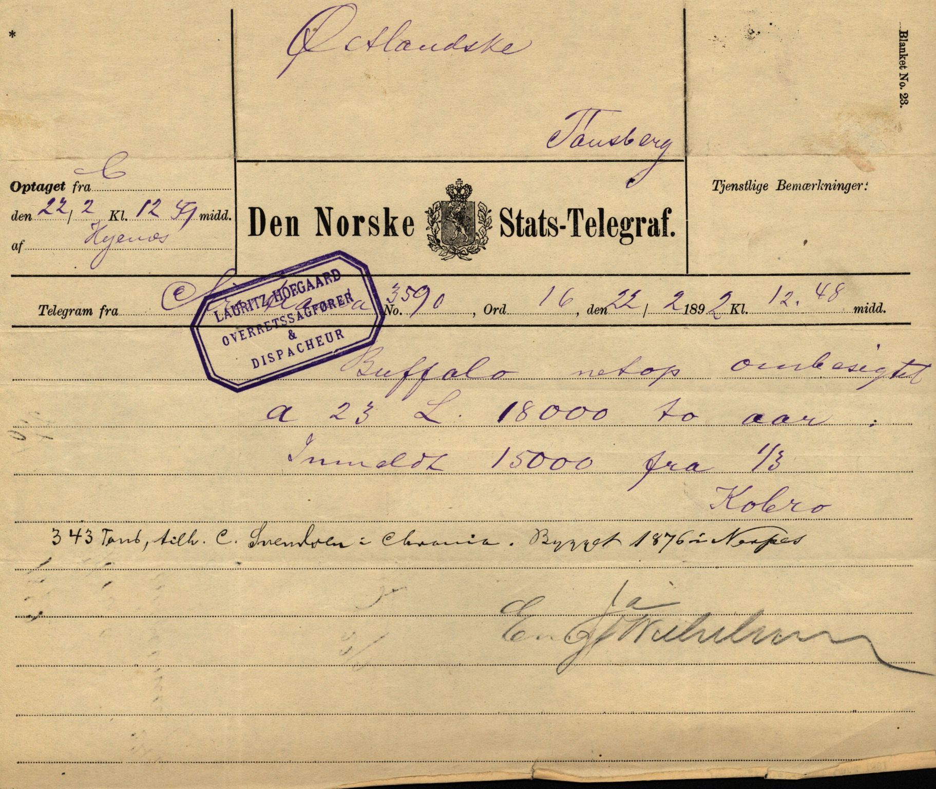 Pa 63 - Østlandske skibsassuranceforening, VEMU/A-1079/G/Ga/L0029/0009: Havaridokumenter / Anette, Agathe, Agra, Buffalo, 1893, s. 74