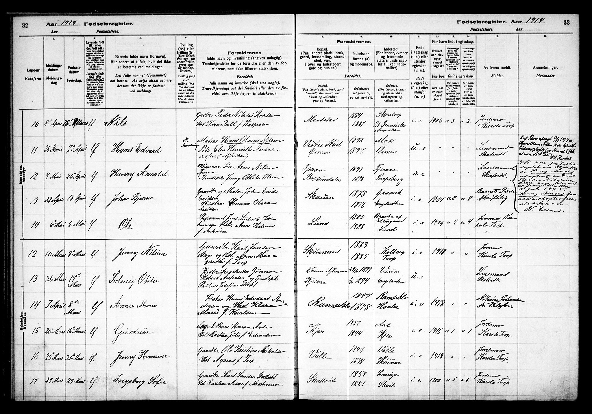 Onsøy prestekontor Kirkebøker, AV/SAO-A-10914/J/Ja/L0001: Fødselsregister nr. I 1, 1916-1937, s. 32